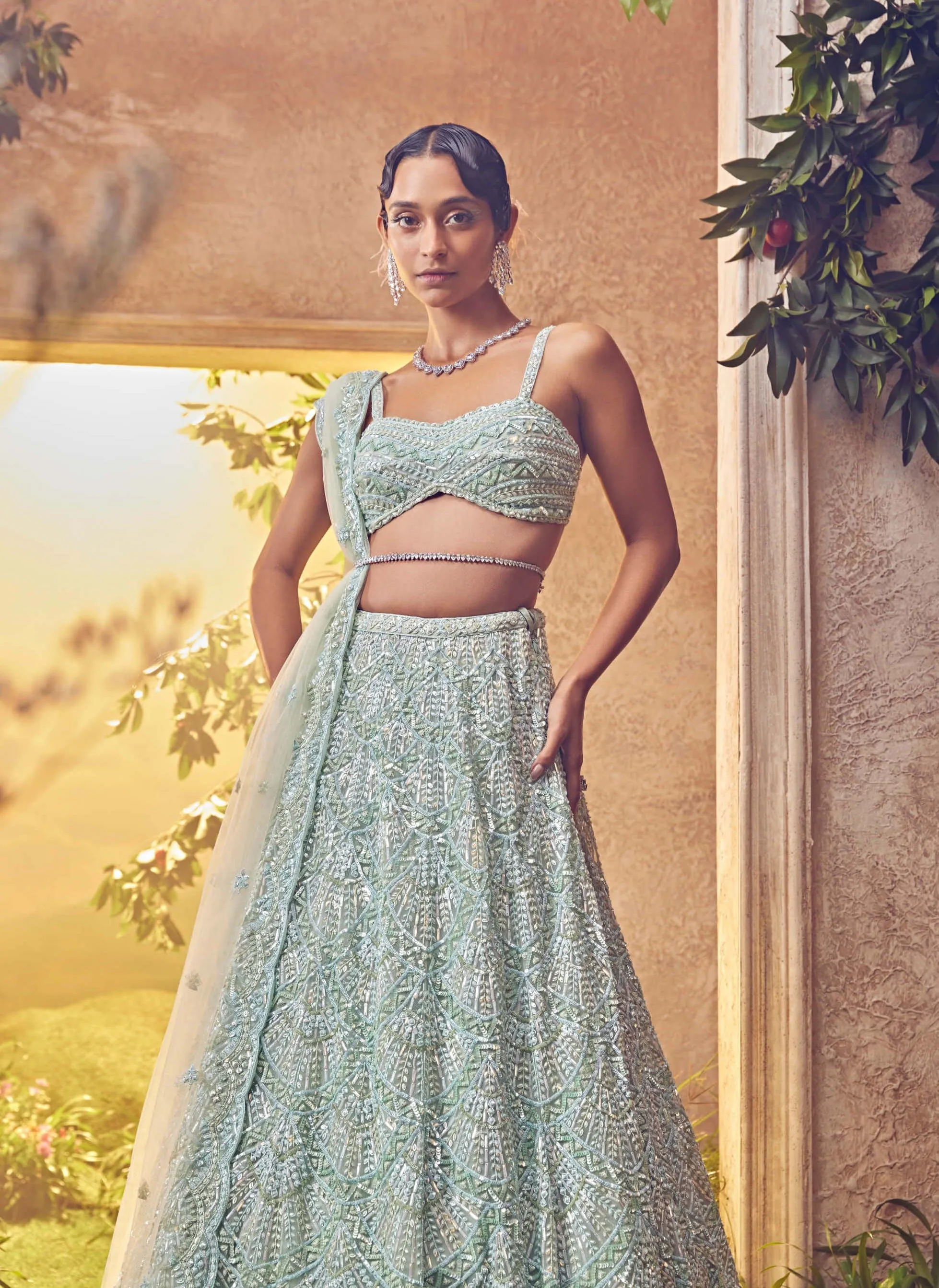 Mint green tulle embroidered lehenga set