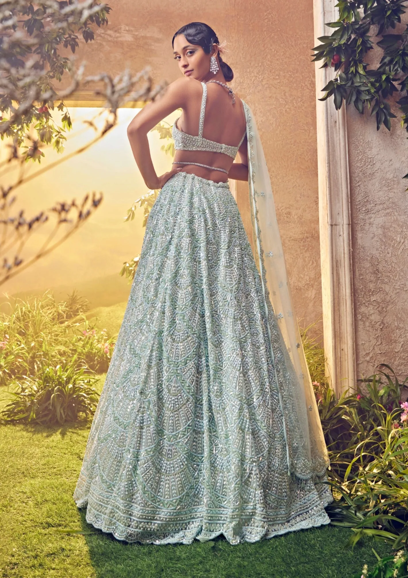 Mint green tulle embroidered lehenga set