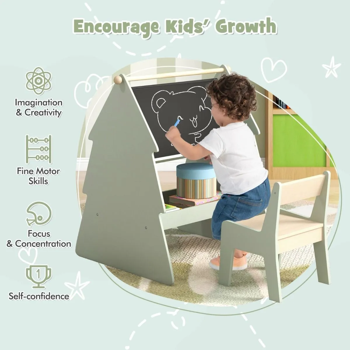 Montessori Double-sided "Learning Tree" Kids Art Easel with Chair | Paper Roll & Storage | 3 Years 