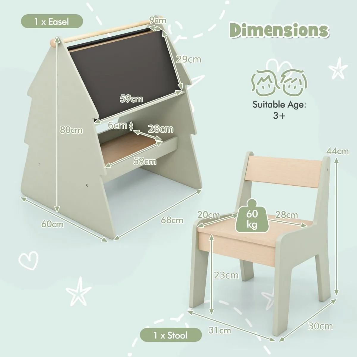 Montessori Double-sided "Learning Tree" Kids Art Easel with Chair | Paper Roll & Storage | 3 Years 
