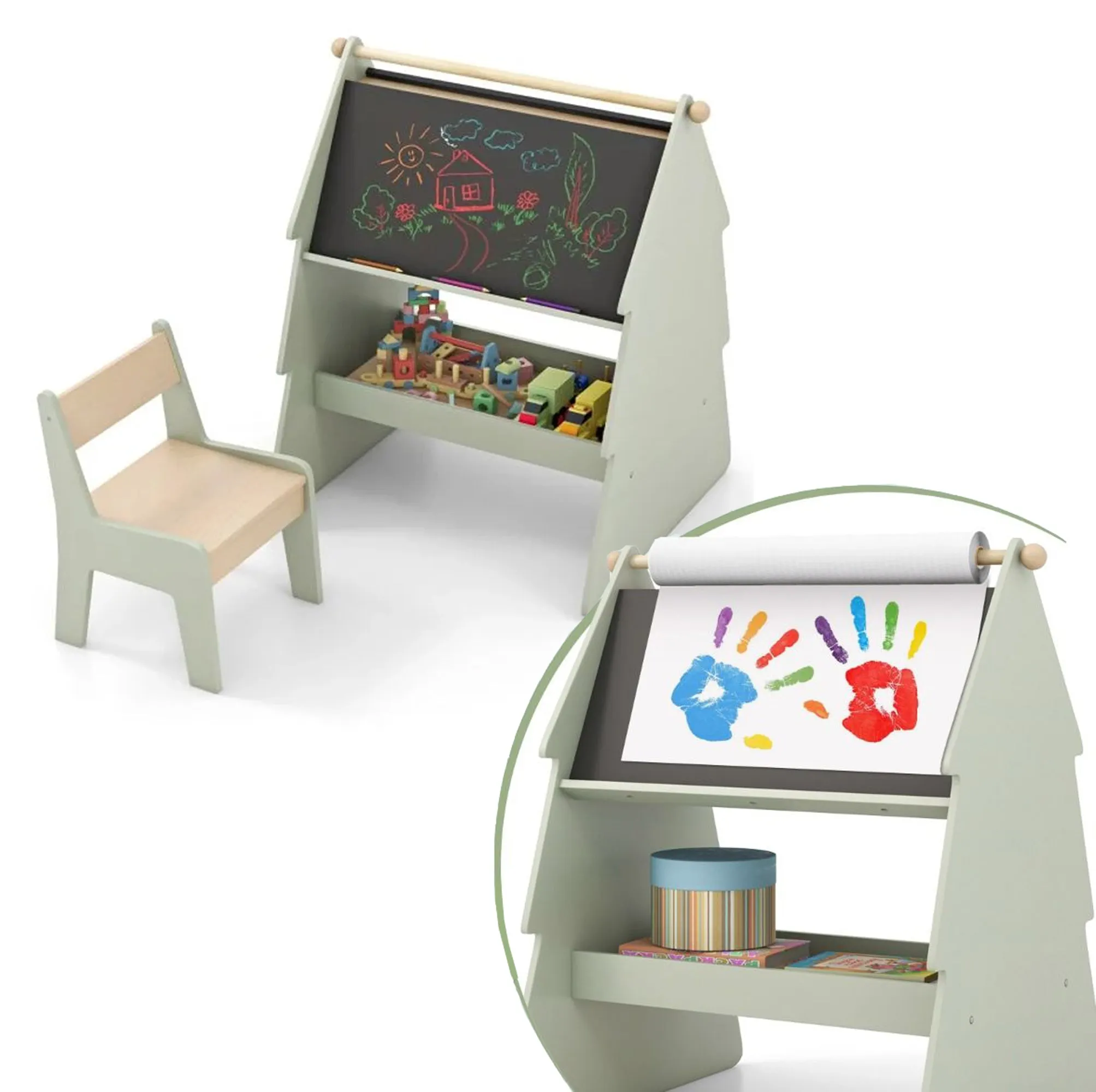 Montessori Double-sided "Learning Tree" Kids Art Easel with Chair | Paper Roll & Storage | 3 Years 