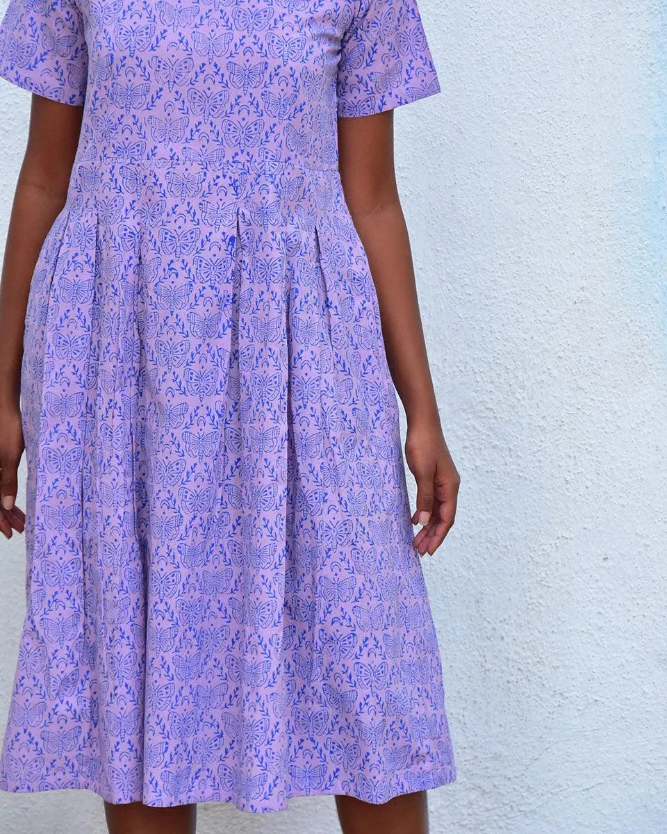Mouve Butterfly Handblockprinted Cotton Dress - Hmbd
