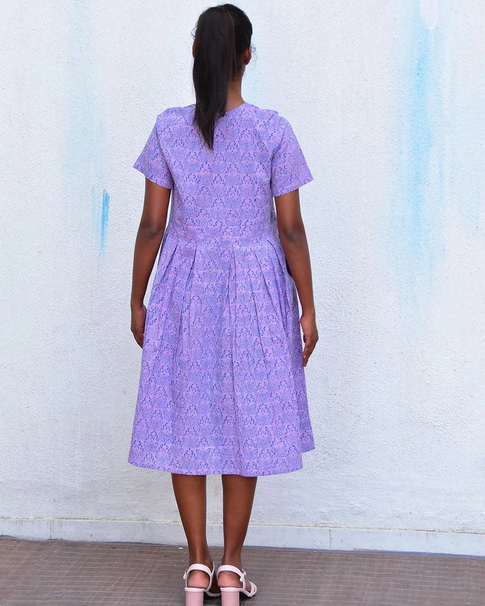 Mouve Butterfly Handblockprinted Cotton Dress - Hmbd