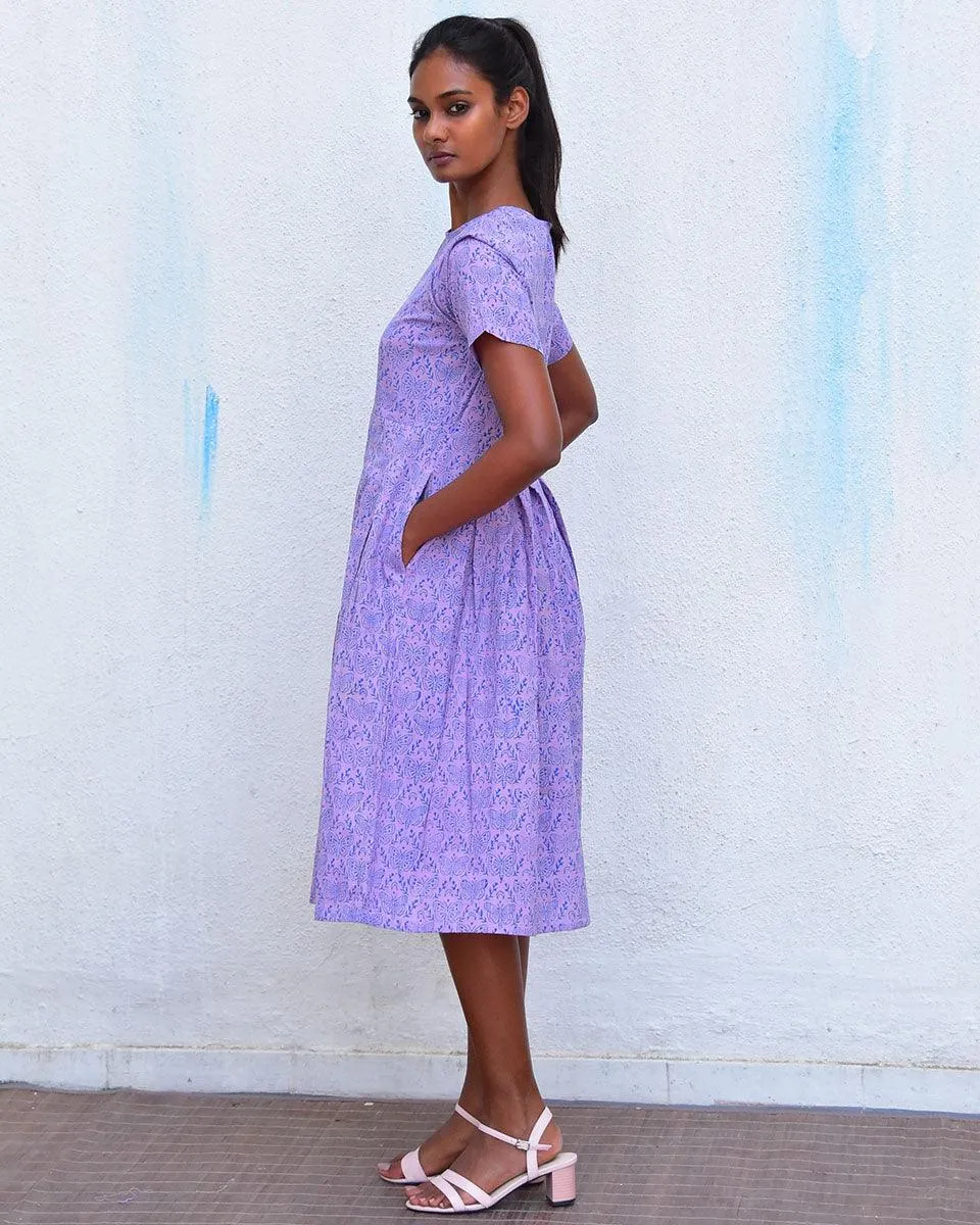 Mouve Butterfly Handblockprinted Cotton Dress - Hmbd