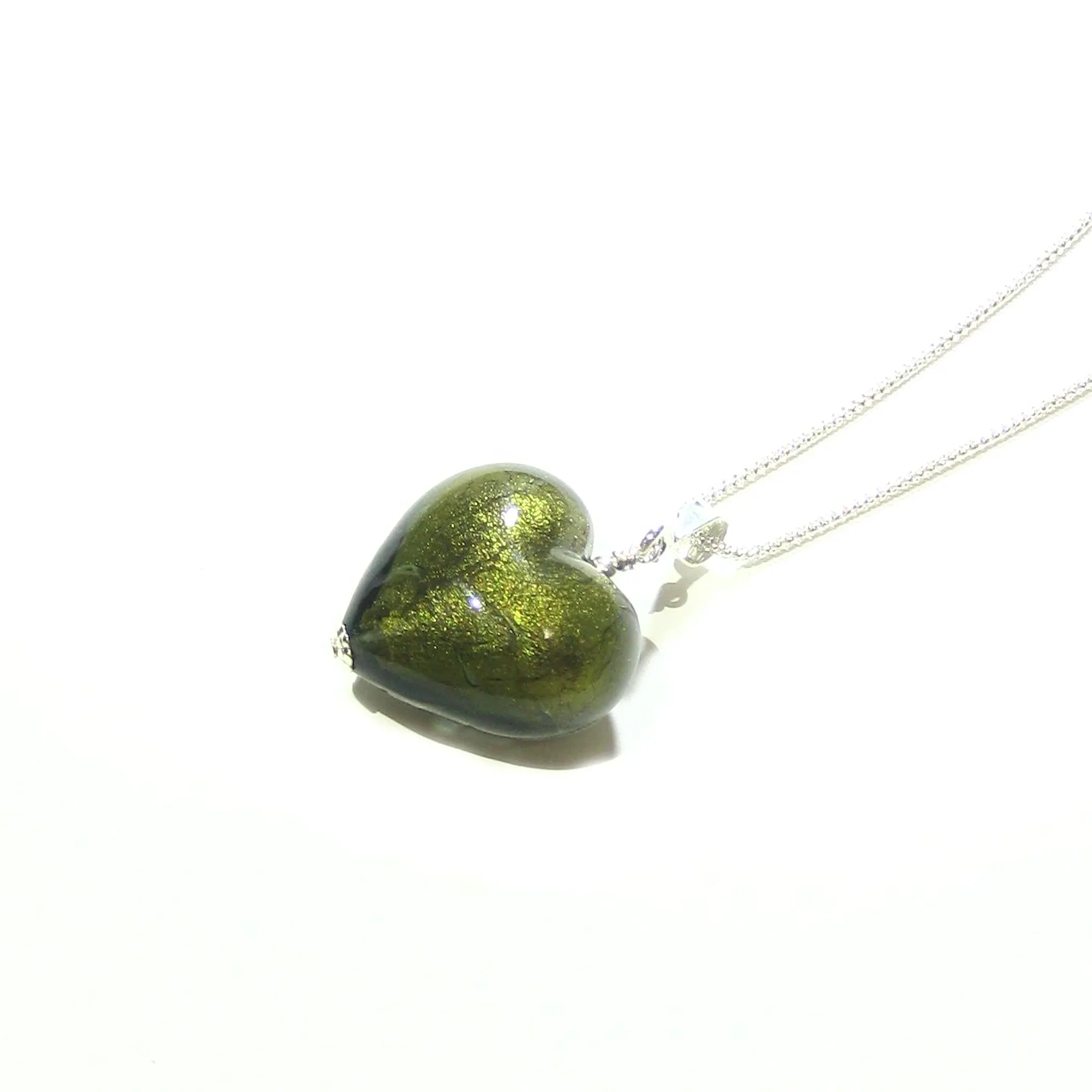 Murano Glass Olive Green Heart Pendant By JKC Murano