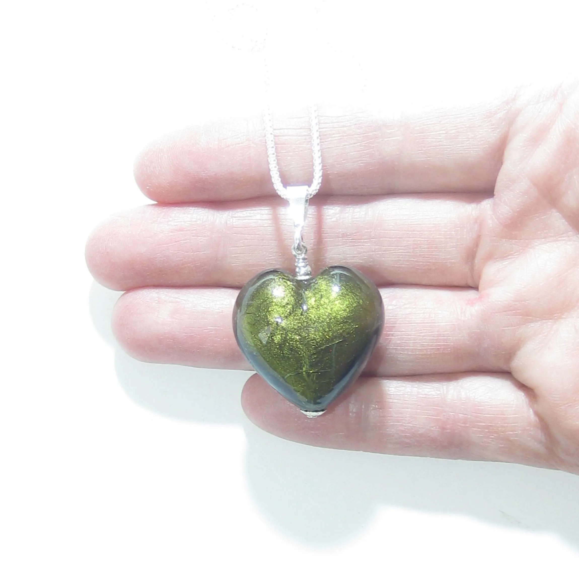 Murano Glass Olive Green Heart Pendant By JKC Murano