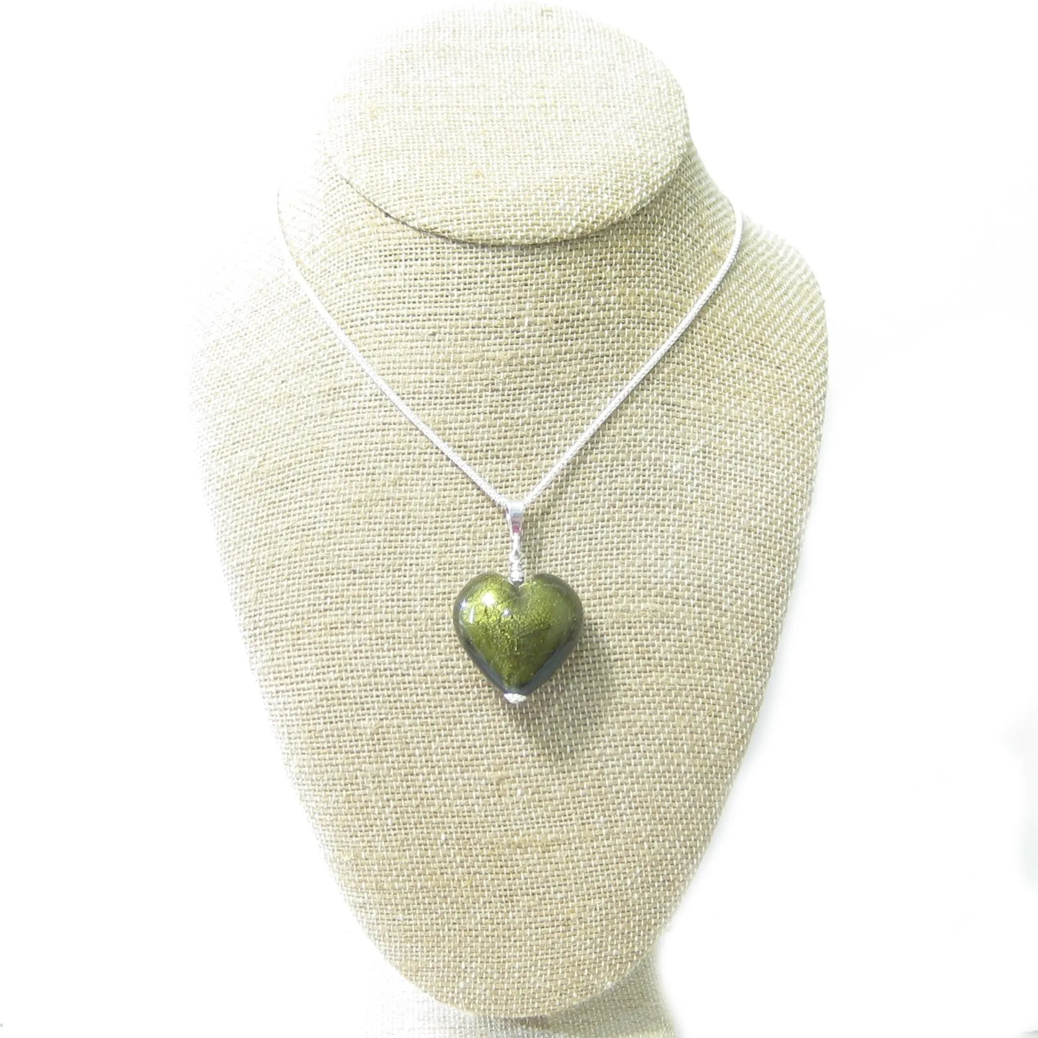 Murano Glass Olive Green Heart Pendant By JKC Murano