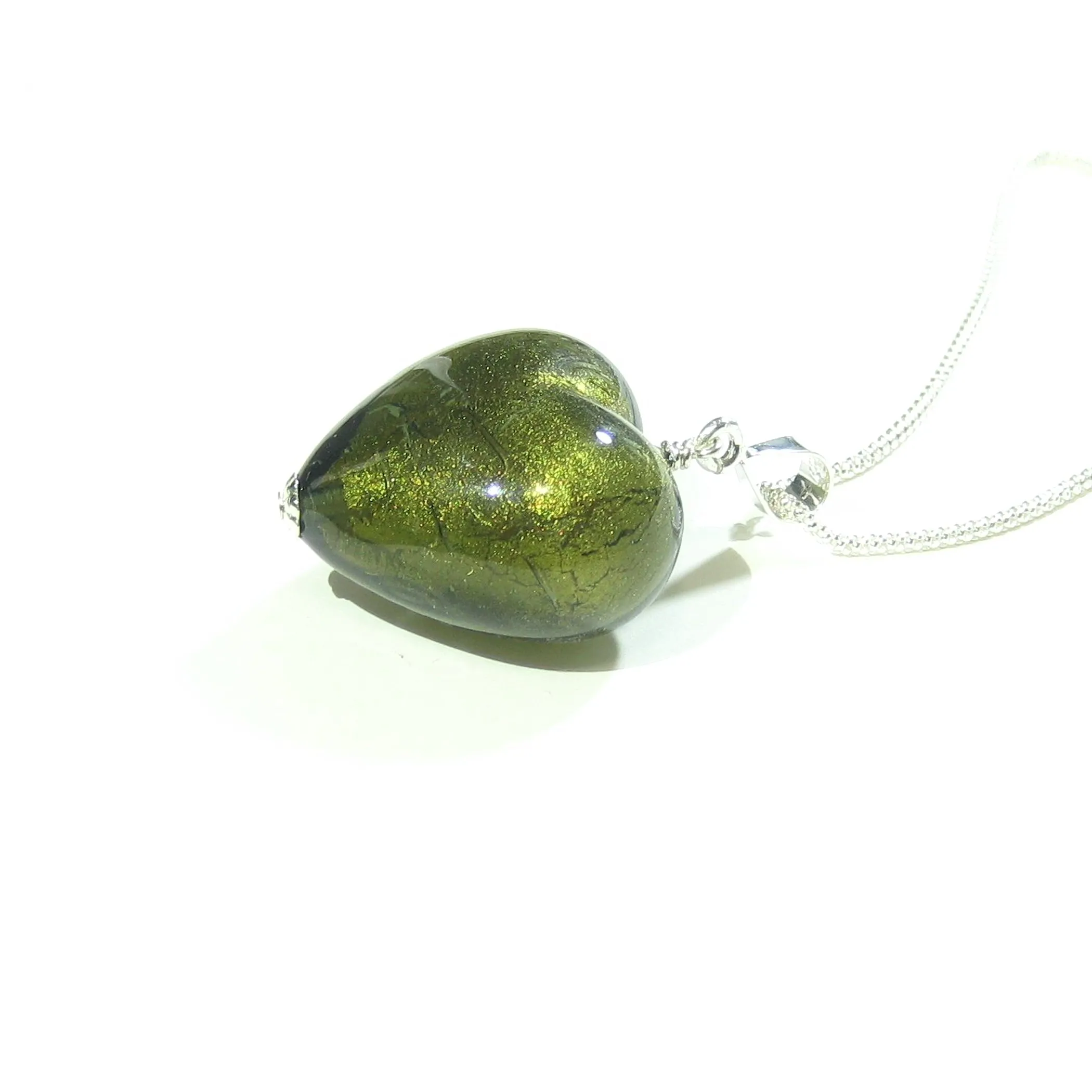 Murano Glass Olive Green Heart Pendant By JKC Murano