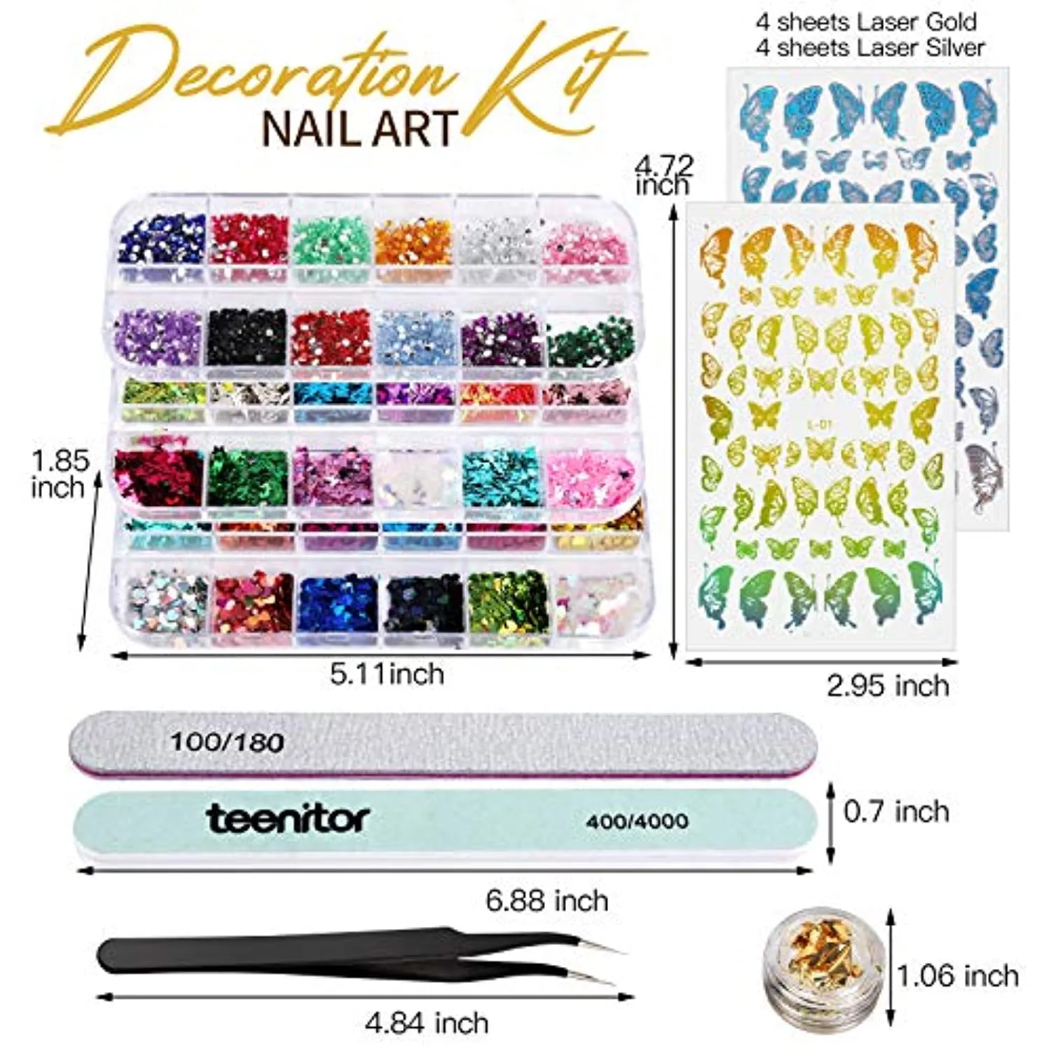 Nail Foil Stickers, 8 Sheets Butterfly Nail Art Stickers, Teenitor Nail Art Designs for Nails, Nail Glitter Sequins Nail Rhinestones, Nail Decorations