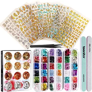 Nail Foil Stickers, 8 Sheets Butterfly Nail Art Stickers, Teenitor Nail Art Designs for Nails, Nail Glitter Sequins Nail Rhinestones, Nail Decorations