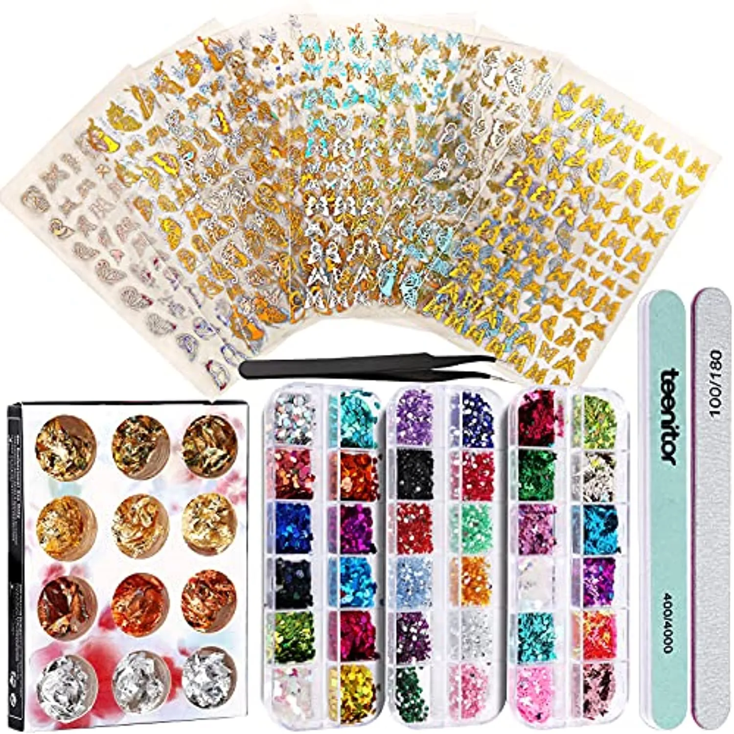 Nail Foil Stickers, 8 Sheets Butterfly Nail Art Stickers, Teenitor Nail Art Designs for Nails, Nail Glitter Sequins Nail Rhinestones, Nail Decorations
