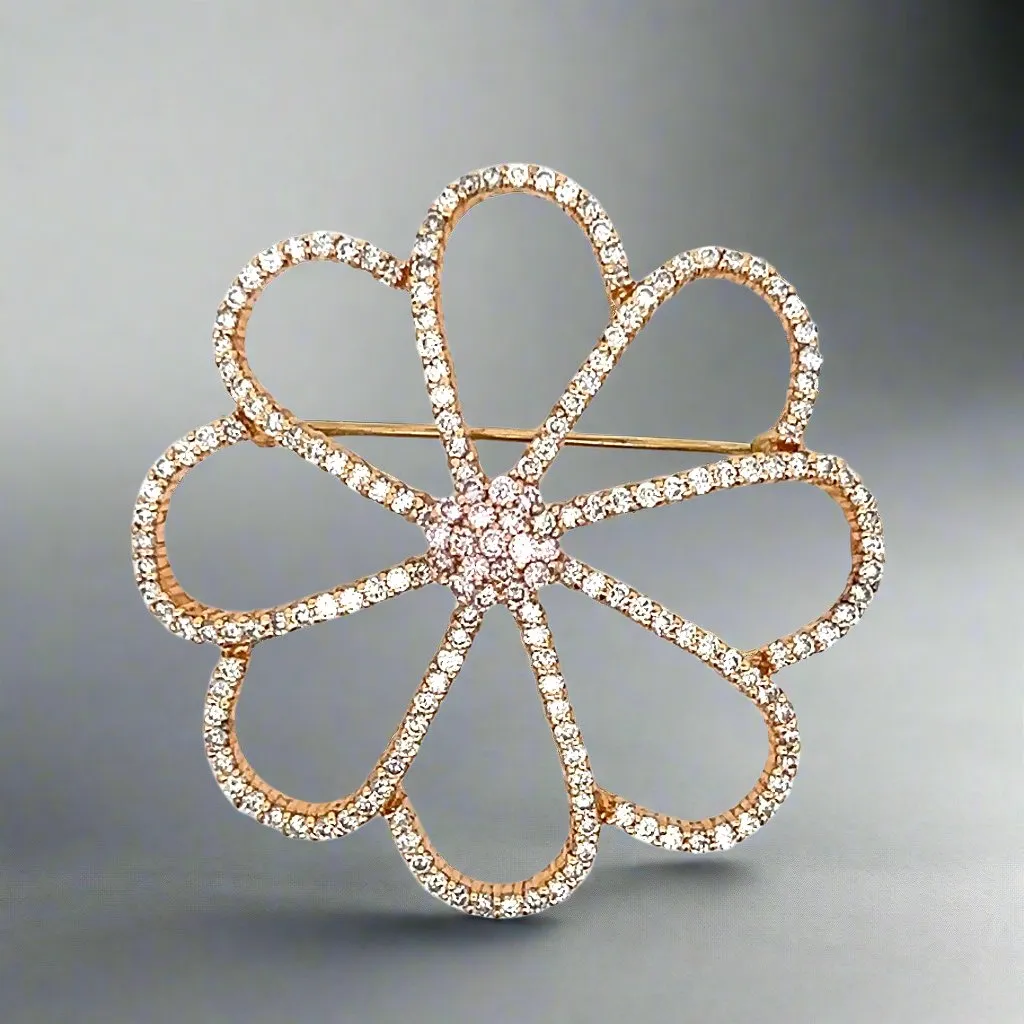 Natural 2.85 Carat Diamond and Rose Gold Flower Brooch