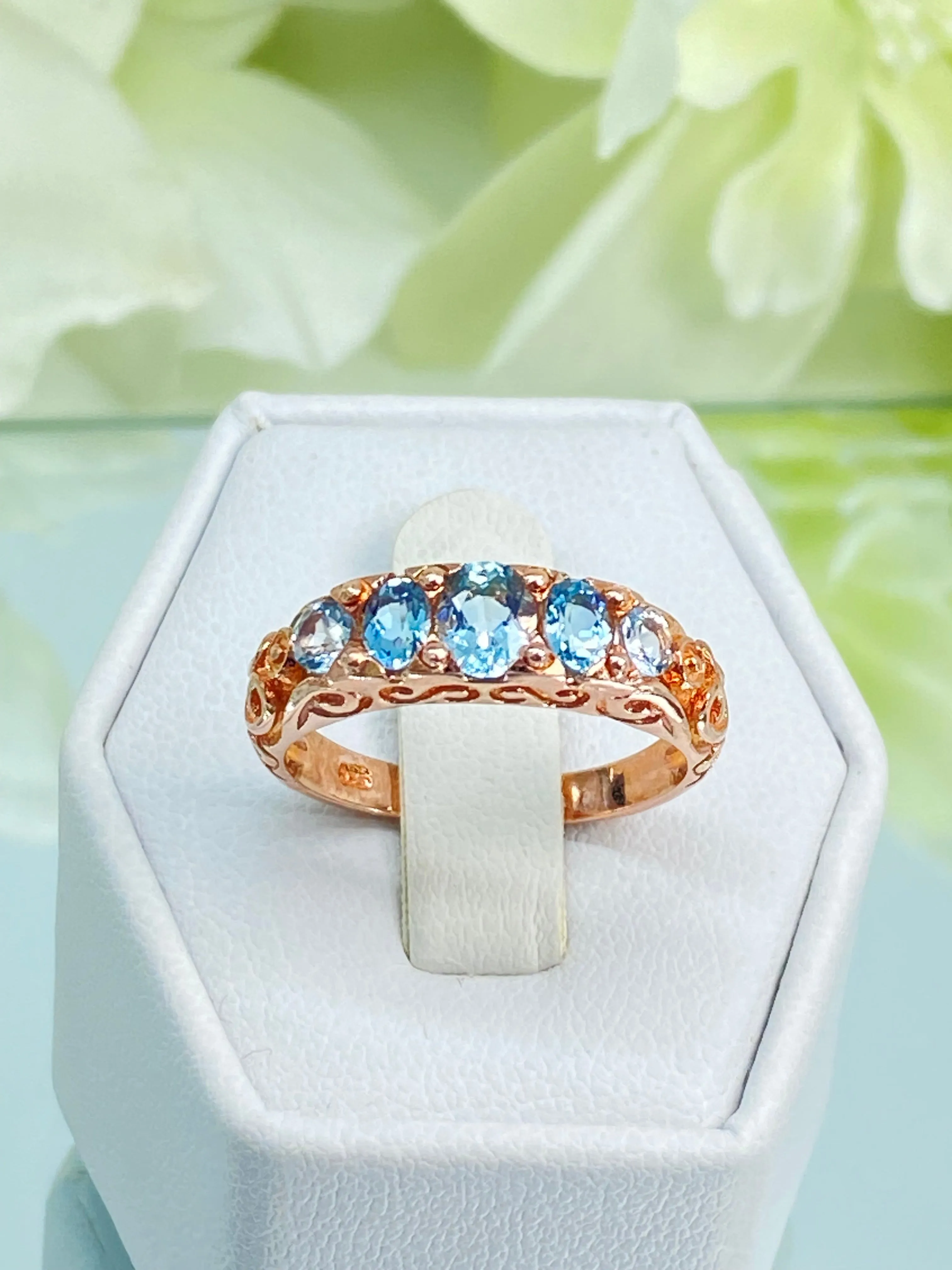 Natural Blue Topaz Ring, Rose Gold, 5-Stone Georgian Victorian Jewelry #D19