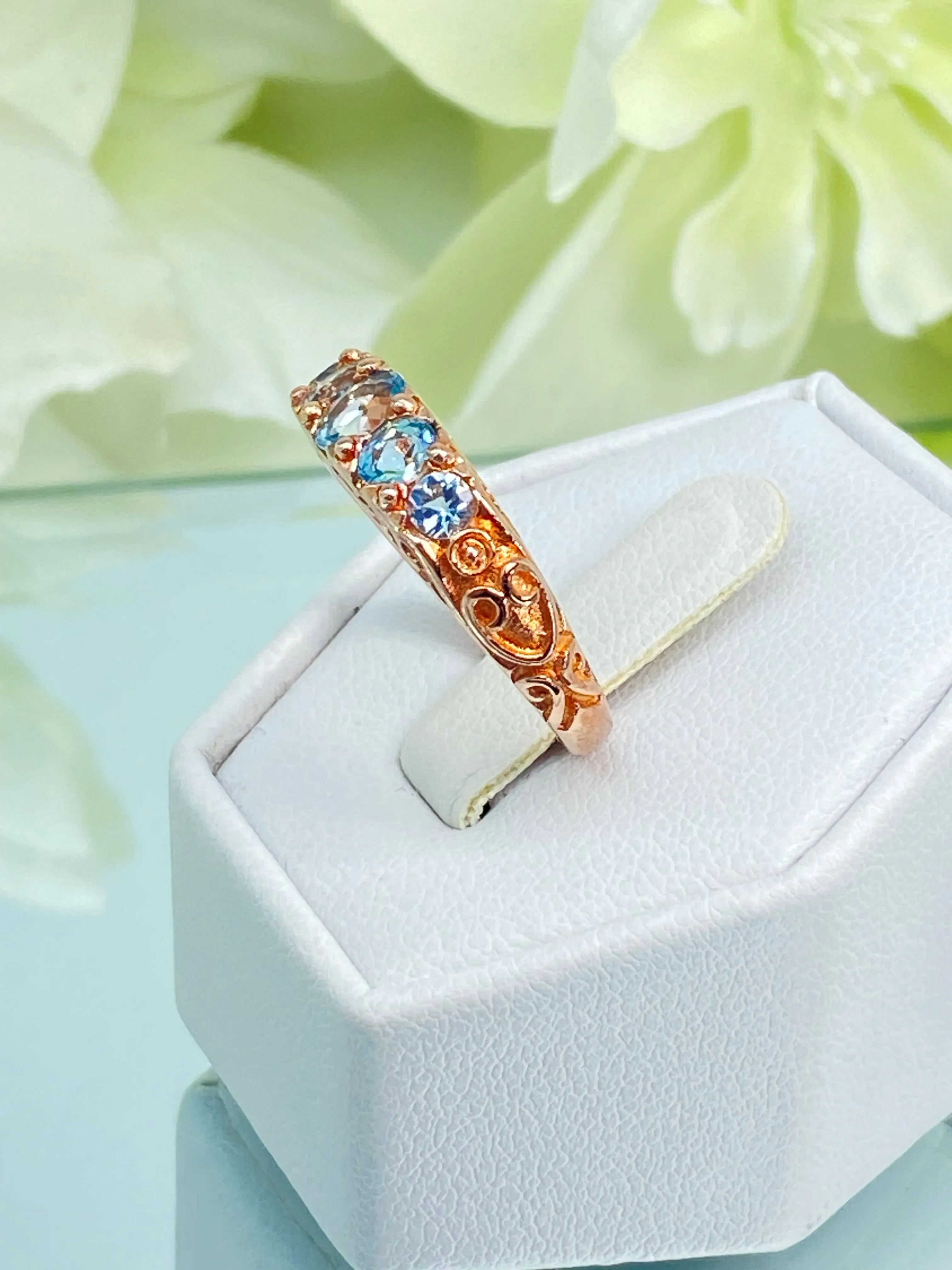 Natural Blue Topaz Ring, Rose Gold, 5-Stone Georgian Victorian Jewelry #D19