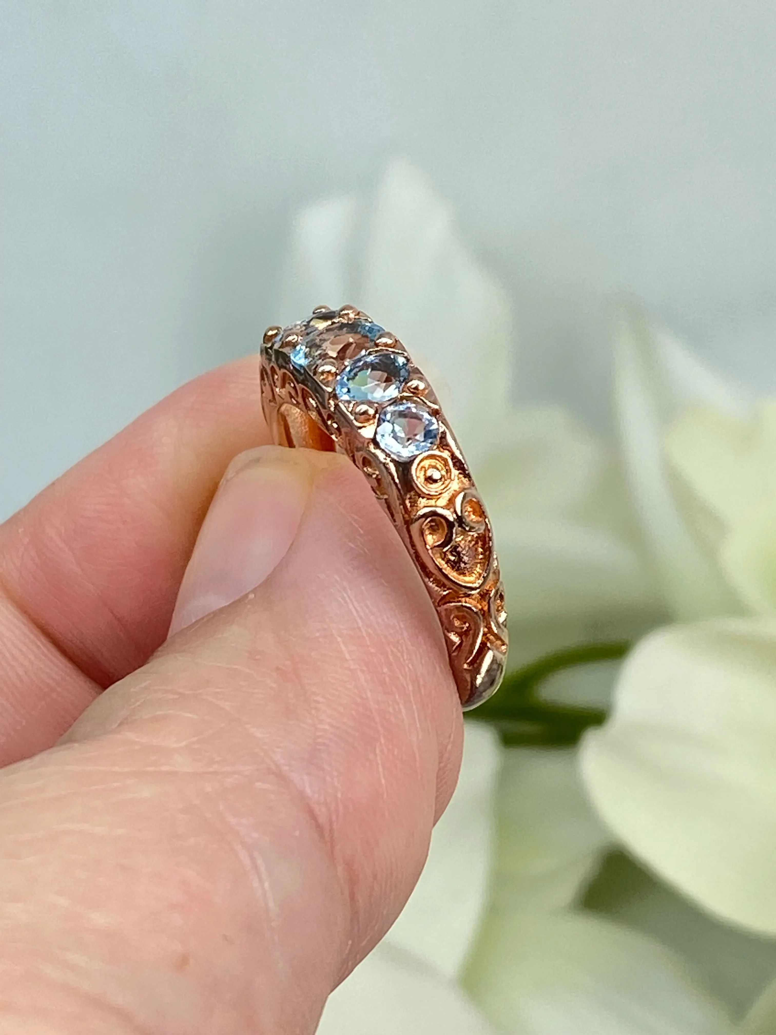 Natural Blue Topaz Ring, Rose Gold, 5-Stone Georgian Victorian Jewelry #D19