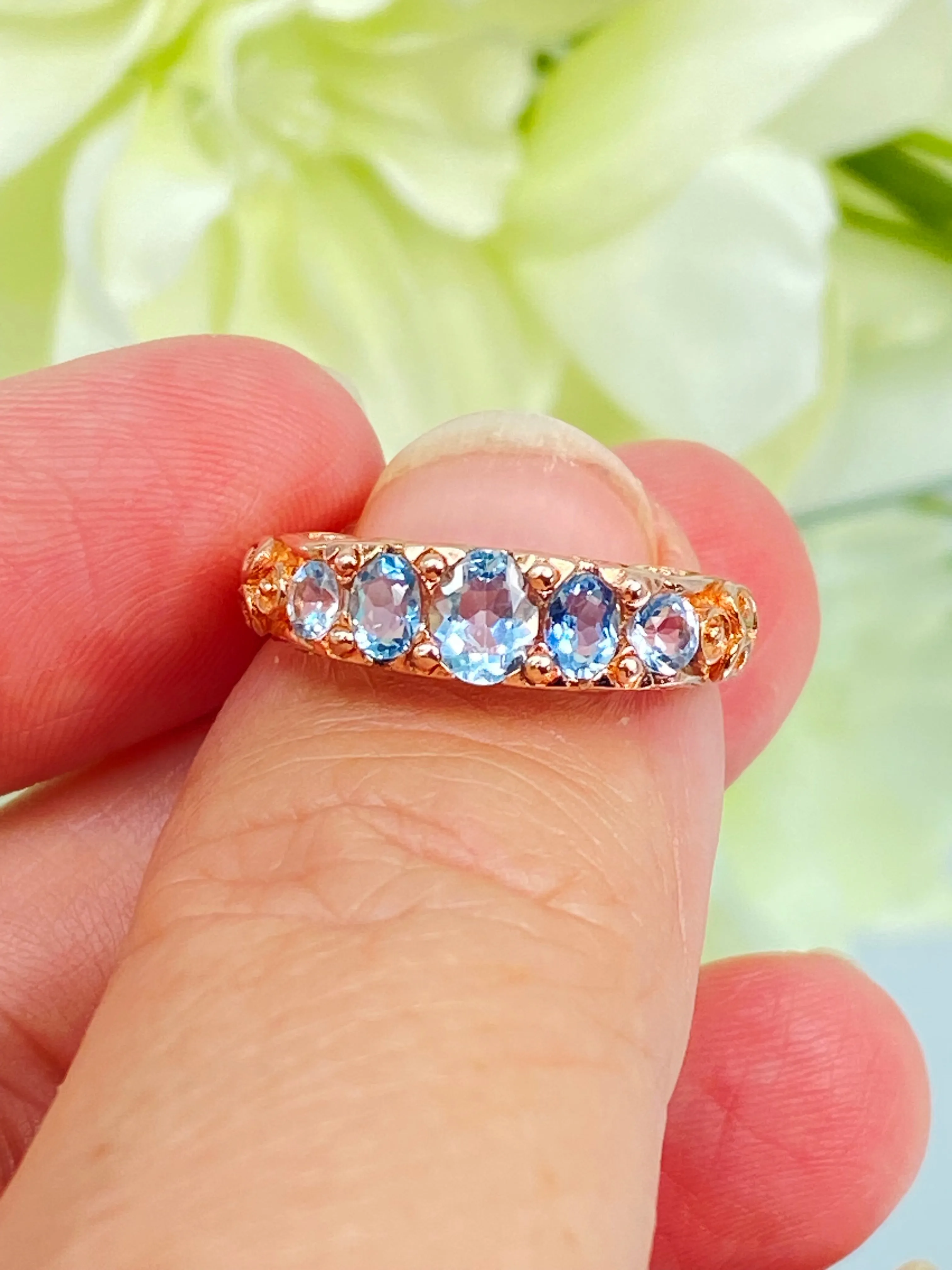 Natural Blue Topaz Ring, Rose Gold, 5-Stone Georgian Victorian Jewelry #D19