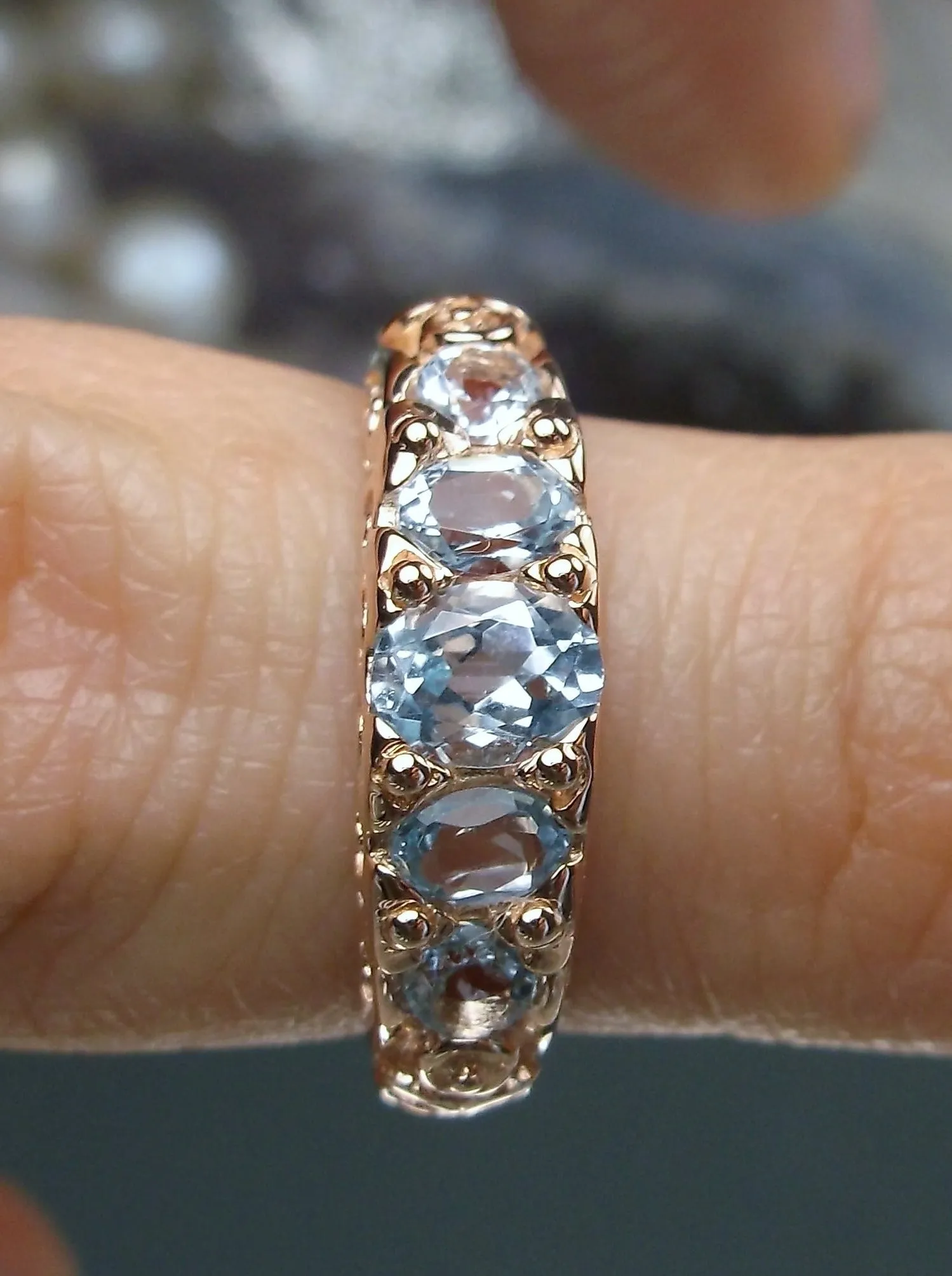 Natural Blue Topaz Ring, Rose Gold, 5-Stone Georgian Victorian Jewelry #D19