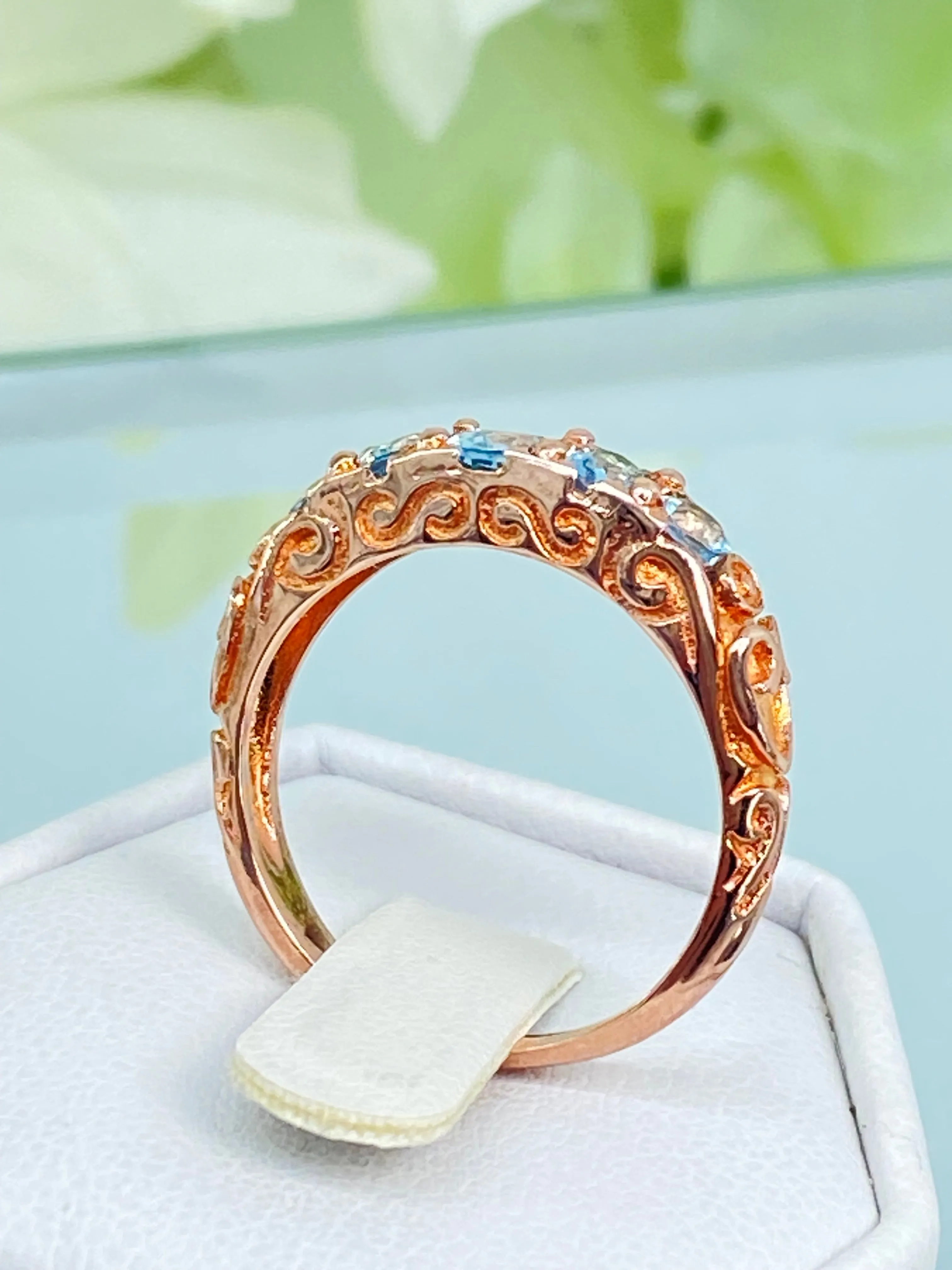 Natural Blue Topaz Ring, Rose Gold, 5-Stone Georgian Victorian Jewelry #D19