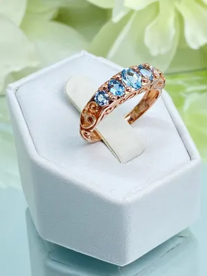 Natural Blue Topaz Ring, Rose Gold, 5-Stone Georgian Victorian Jewelry #D19