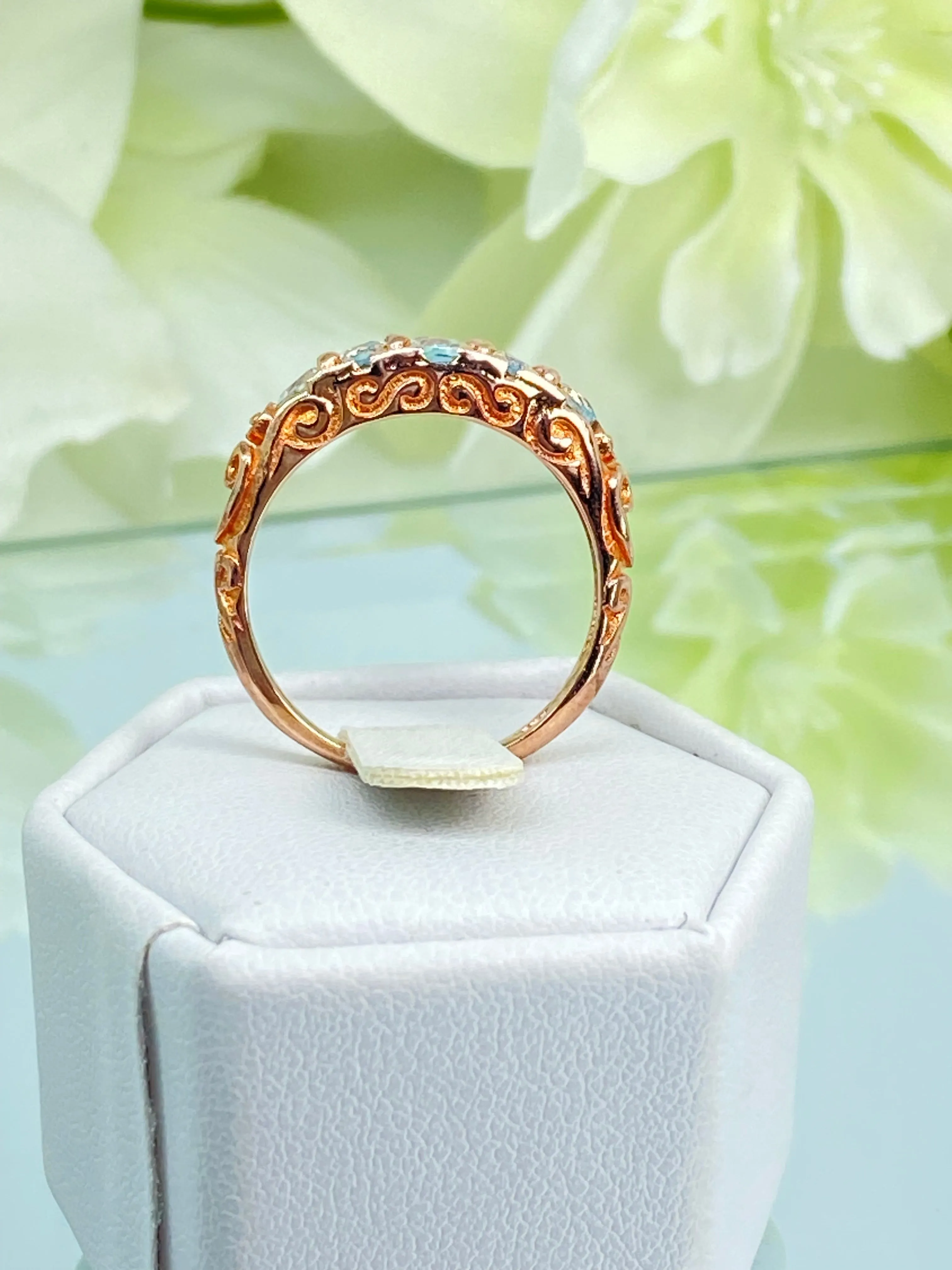 Natural Blue Topaz Ring, Rose Gold, 5-Stone Georgian Victorian Jewelry #D19