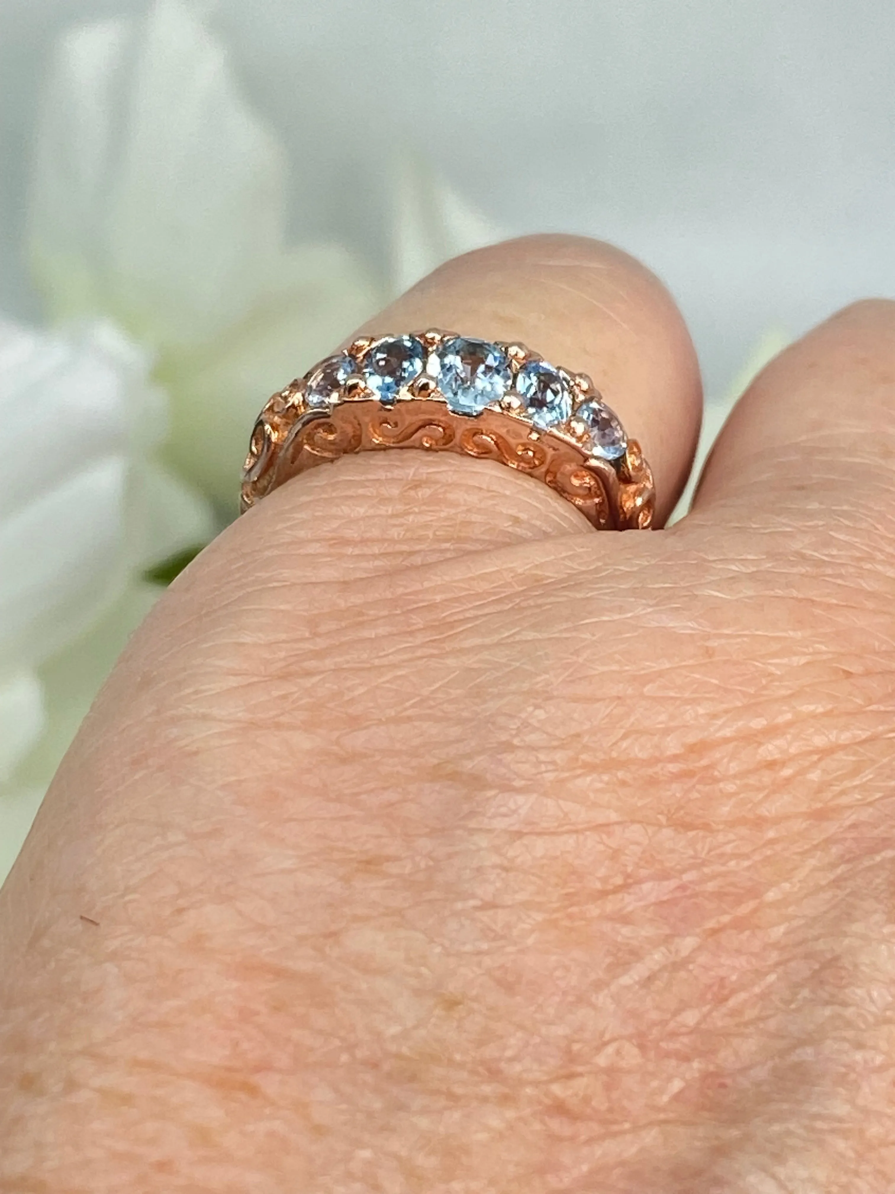 Natural Blue Topaz Ring, Rose Gold, 5-Stone Georgian Victorian Jewelry #D19
