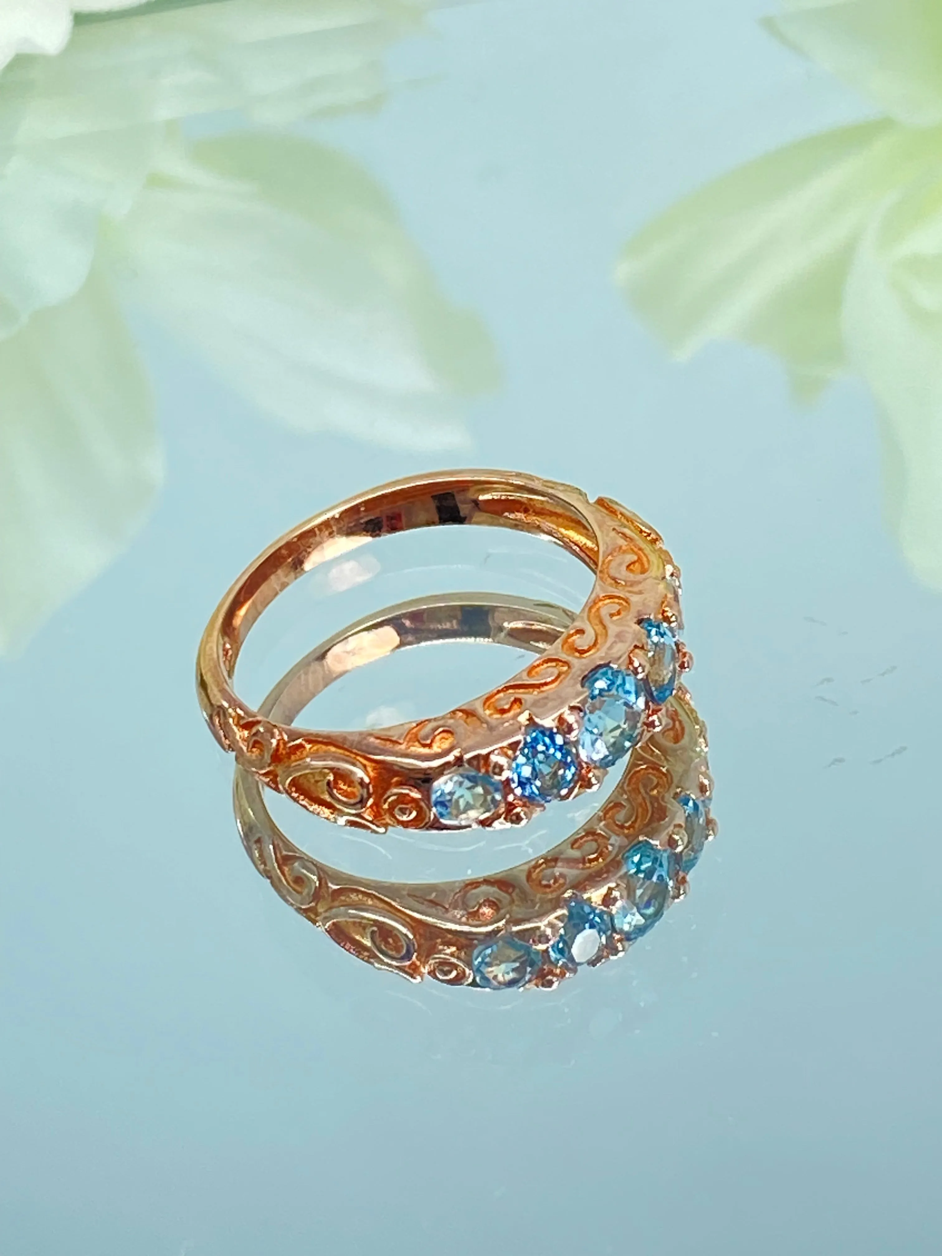 Natural Blue Topaz Ring, Rose Gold, 5-Stone Georgian Victorian Jewelry #D19