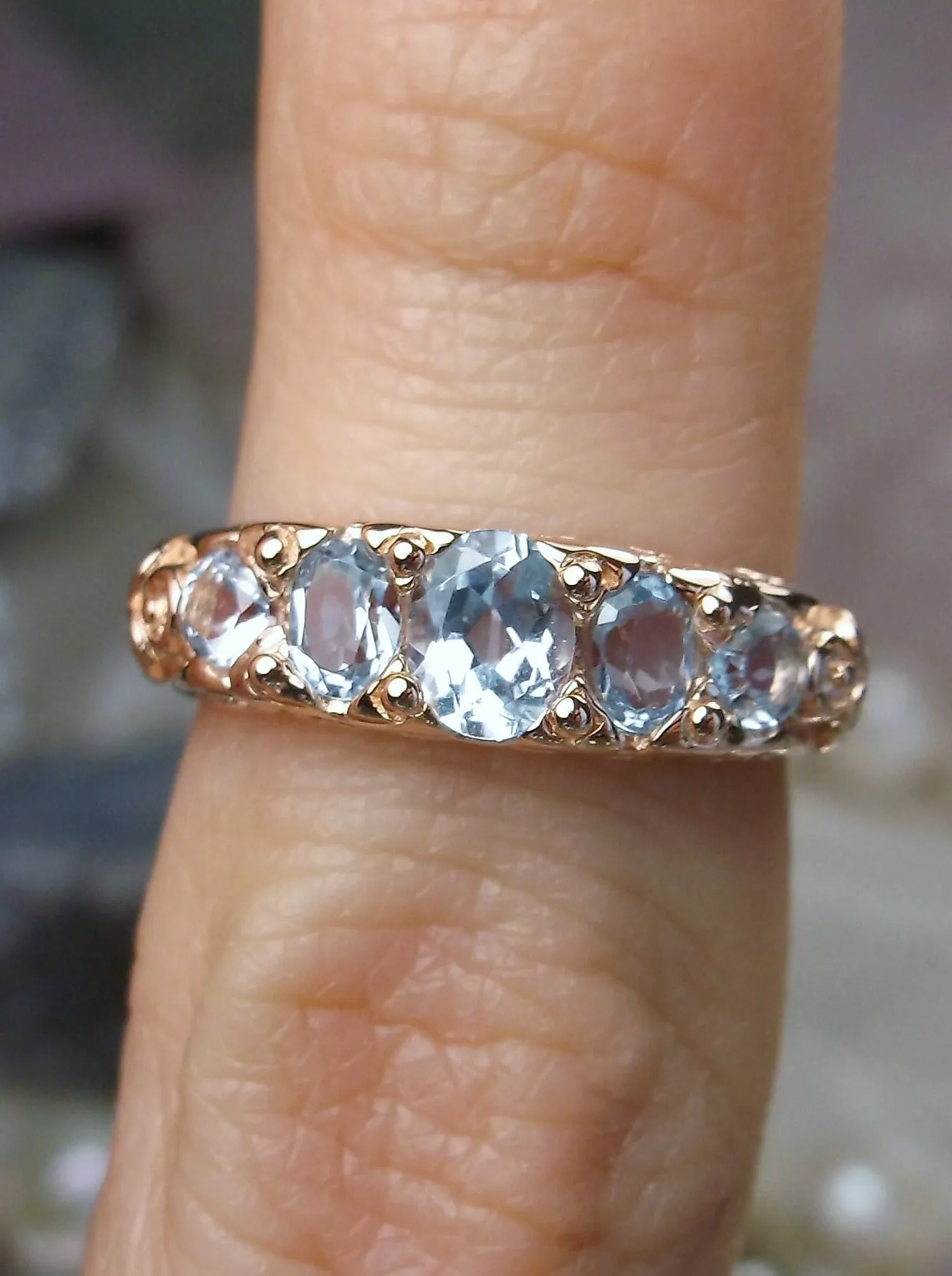 Natural Blue Topaz Ring, Rose Gold, 5-Stone Georgian Victorian Jewelry #D19