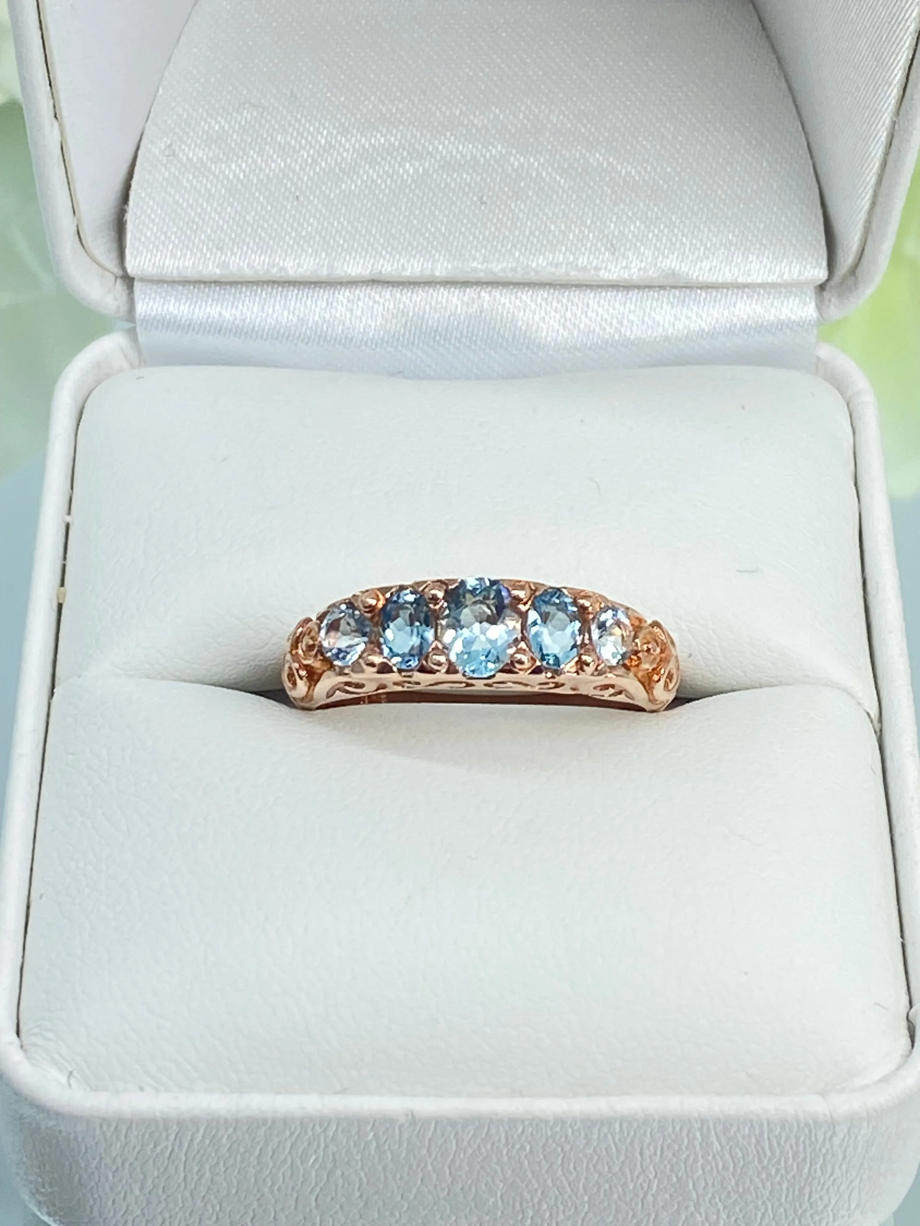 Natural Blue Topaz Ring, Rose Gold, 5-Stone Georgian Victorian Jewelry #D19