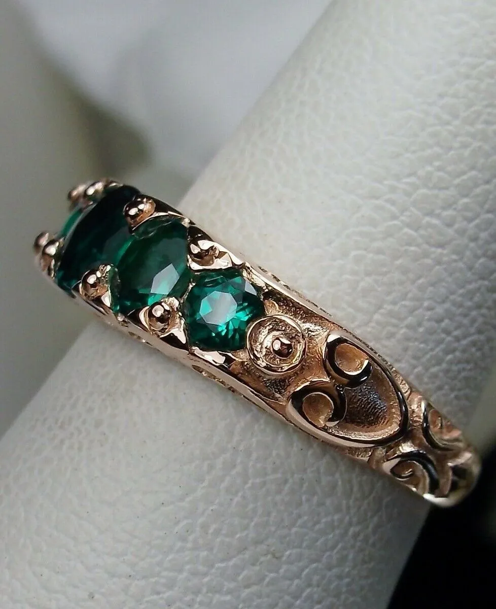 Natural Emerald Ring, Rose Gold, 5-Stone Georgian Victorian Jewelry #D19