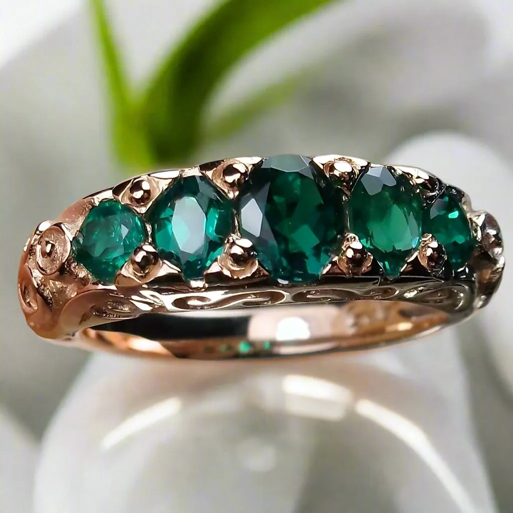 Natural Emerald Ring, Rose Gold, 5-Stone Georgian Victorian Jewelry #D19