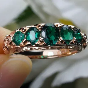Natural Emerald Ring, Rose Gold, 5-Stone Georgian Victorian Jewelry #D19