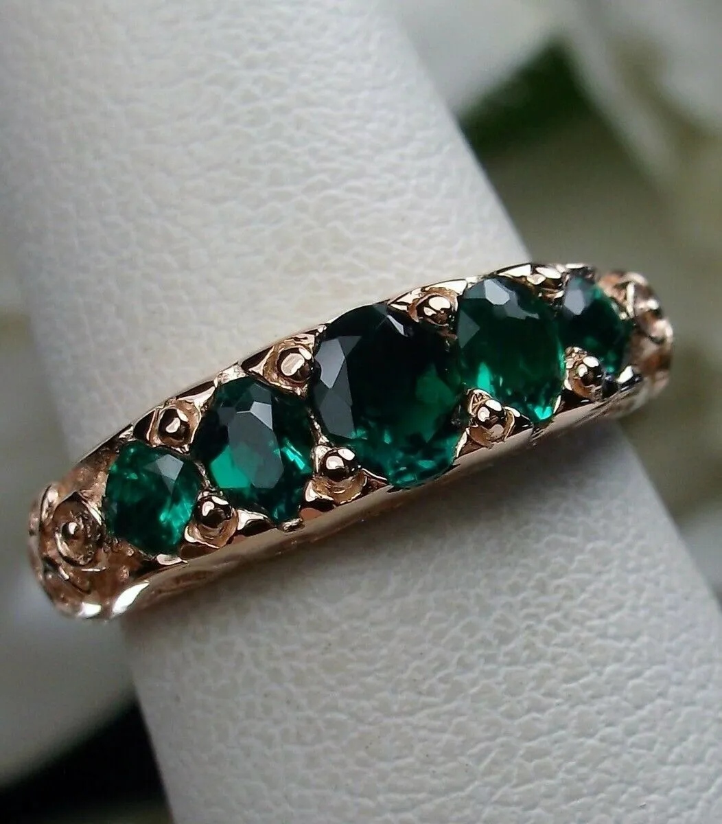 Natural Emerald Ring, Rose Gold, 5-Stone Georgian Victorian Jewelry #D19