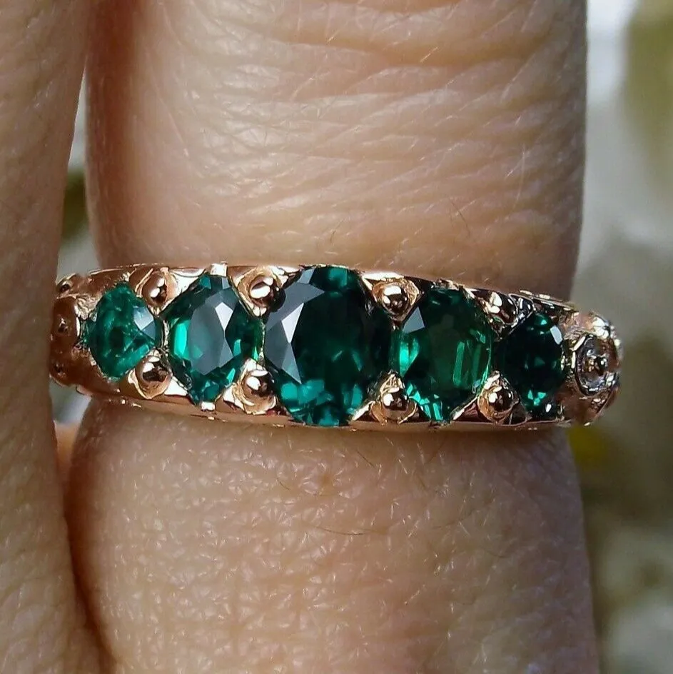 Natural Emerald Ring, Rose Gold, 5-Stone Georgian Victorian Jewelry #D19