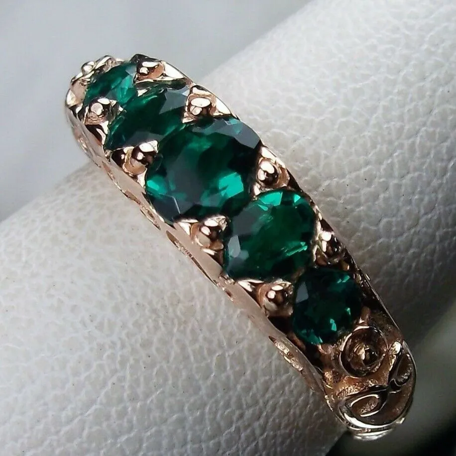 Natural Emerald Ring, Rose Gold, 5-Stone Georgian Victorian Jewelry #D19