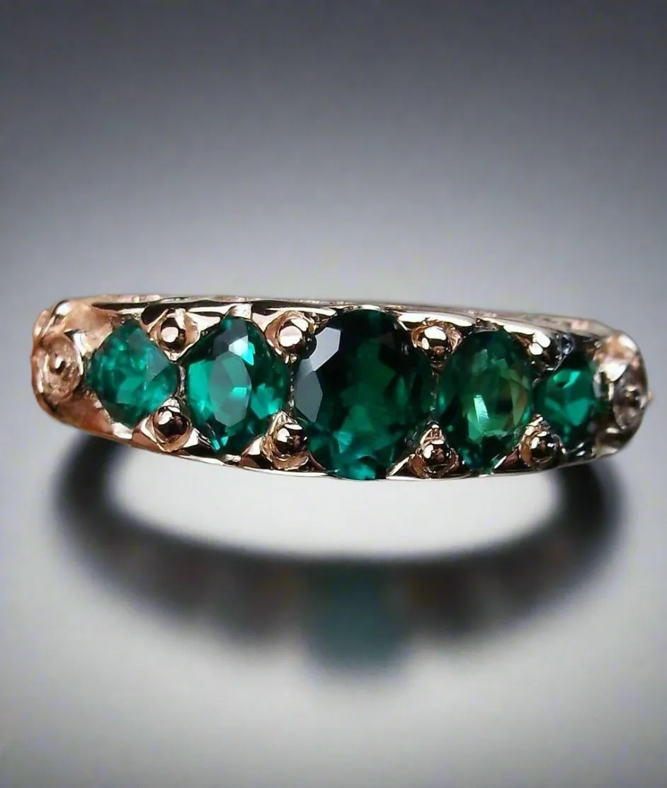 Natural Emerald Ring, Rose Gold, 5-Stone Georgian Victorian Jewelry #D19