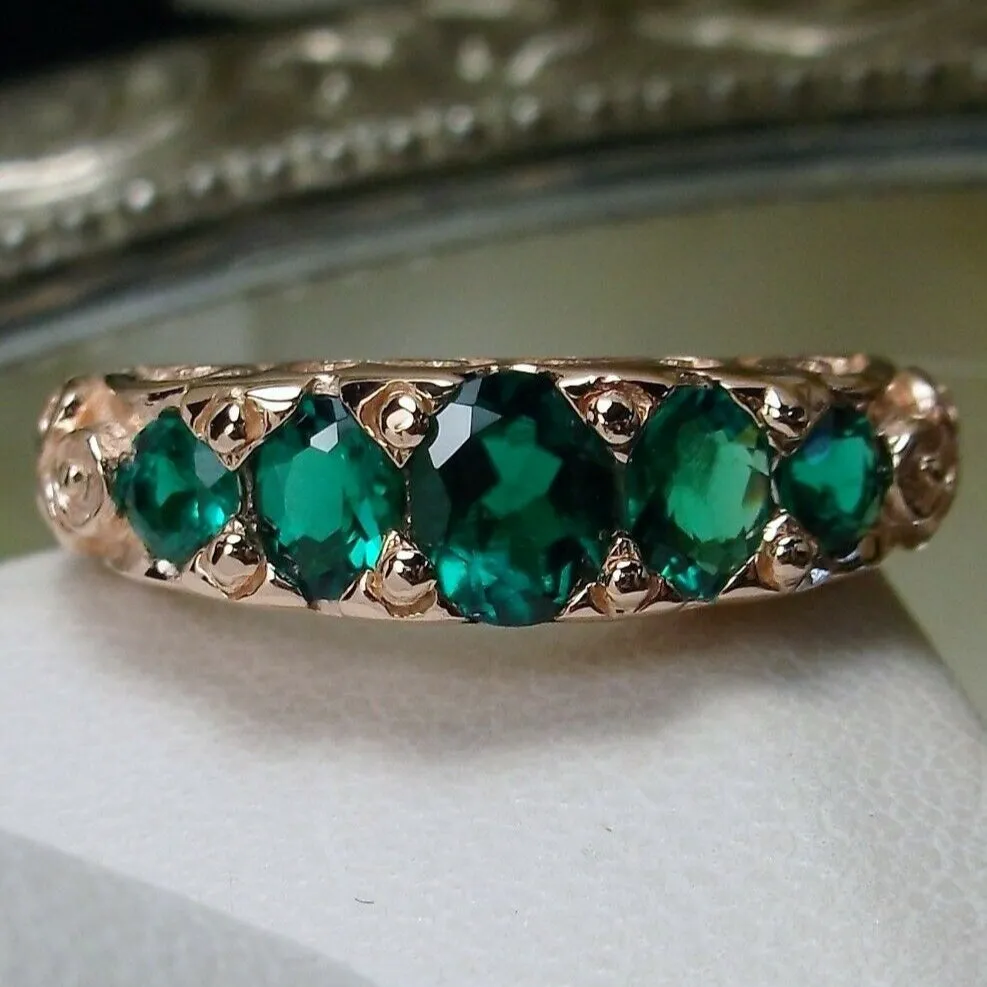 Natural Emerald Ring, Rose Gold, 5-Stone Georgian Victorian Jewelry #D19