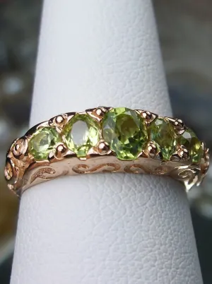 Natural Peridot Ring, Rose Gold, 5-Stone Georgian Victorian Jewelry #D19