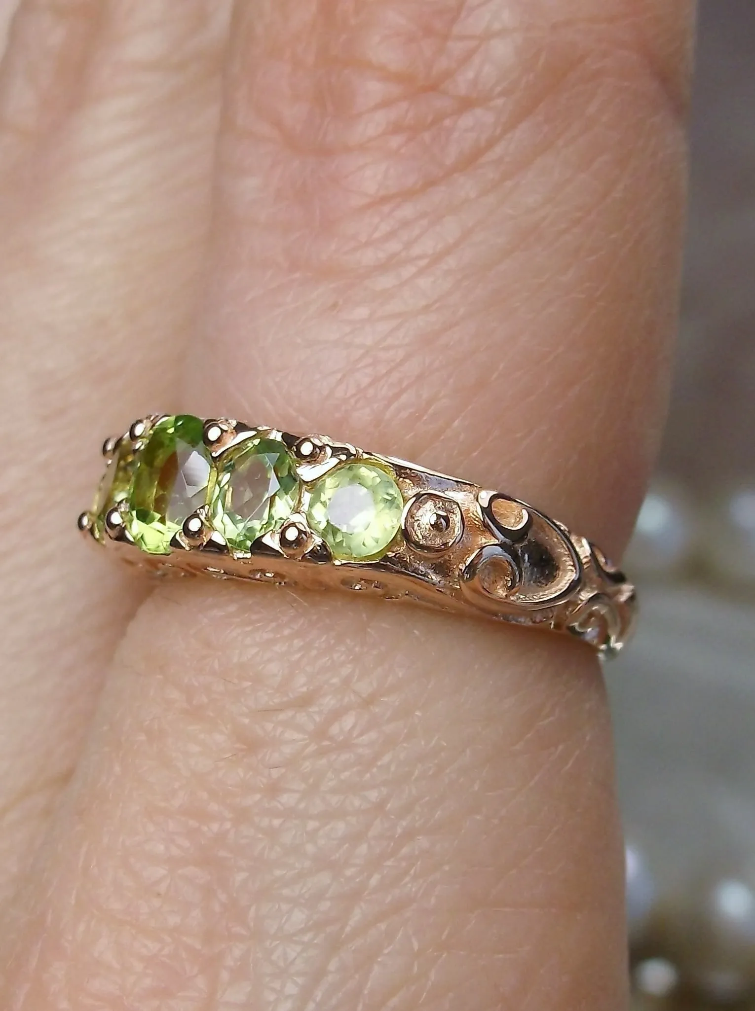 Natural Peridot Ring, Rose Gold, 5-Stone Georgian Victorian Jewelry #D19