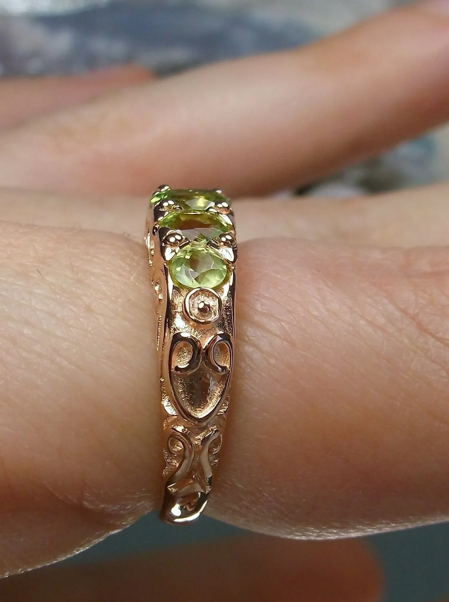 Natural Peridot Ring, Rose Gold, 5-Stone Georgian Victorian Jewelry #D19