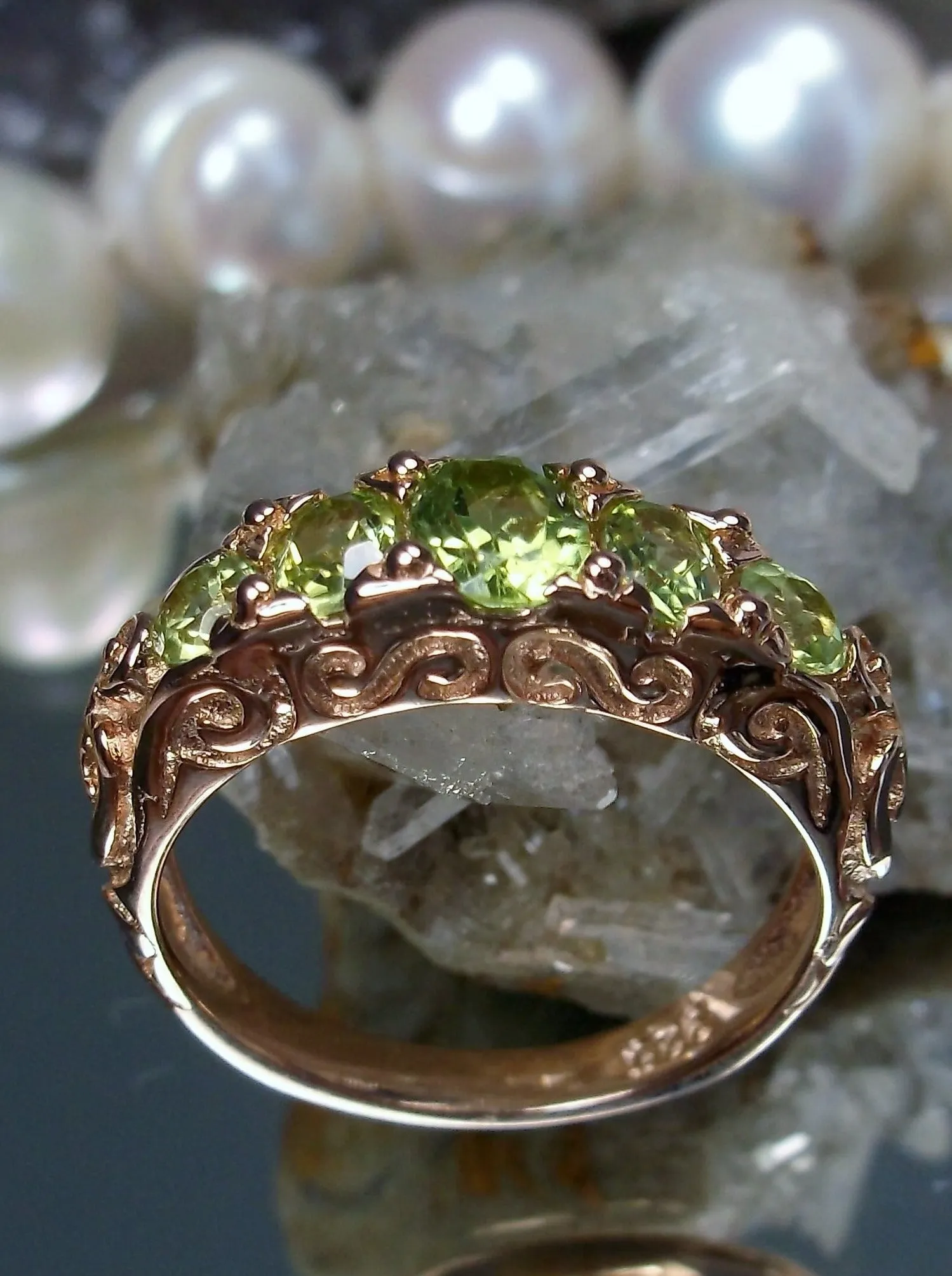 Natural Peridot Ring, Rose Gold, 5-Stone Georgian Victorian Jewelry #D19
