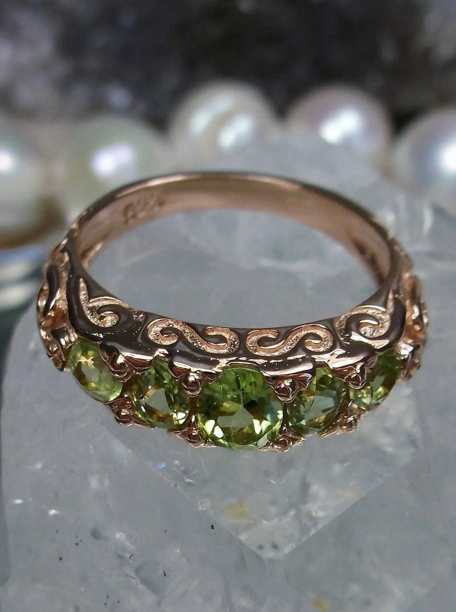 Natural Peridot Ring, Rose Gold, 5-Stone Georgian Victorian Jewelry #D19