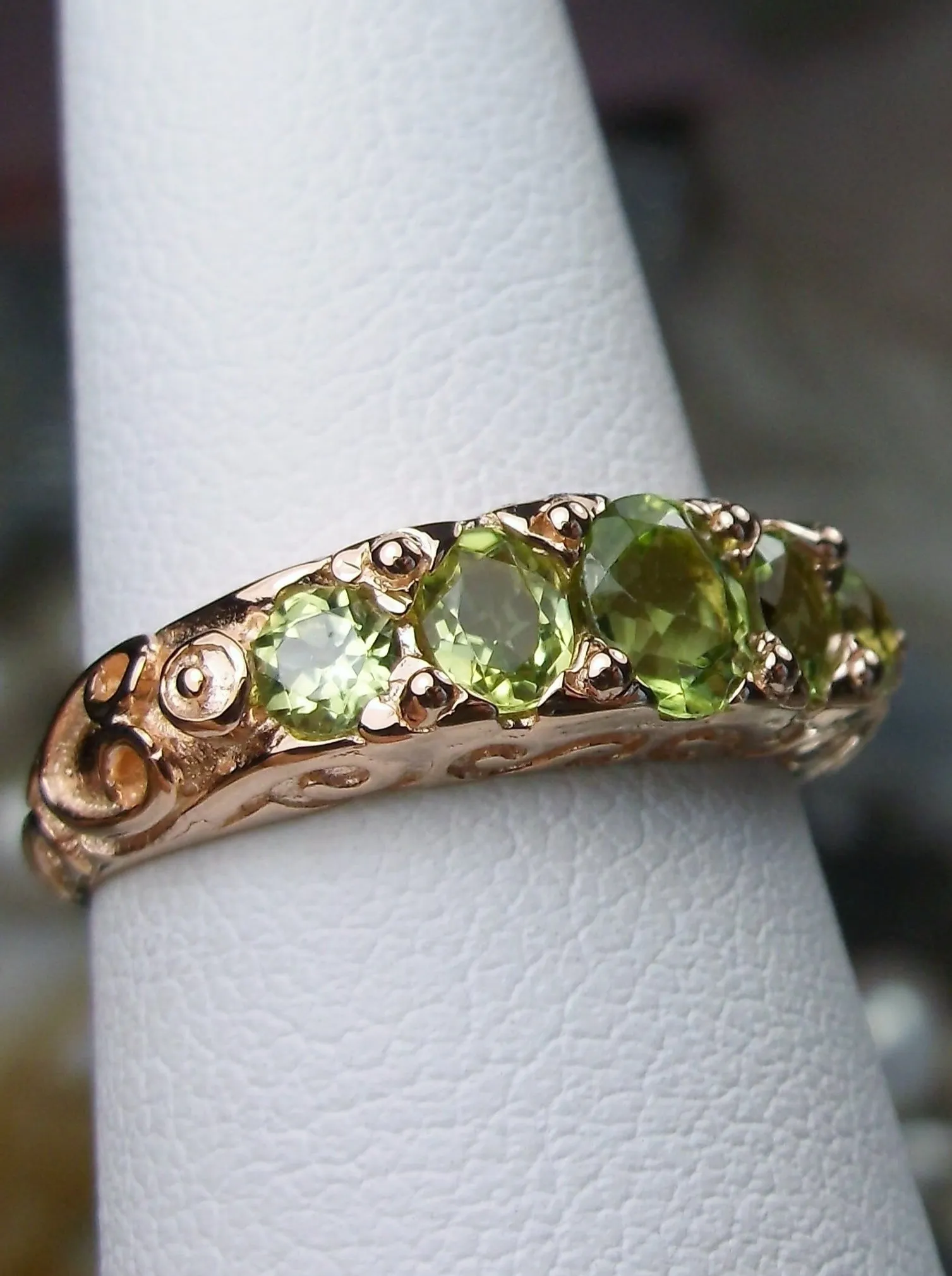 Natural Peridot Ring, Rose Gold, 5-Stone Georgian Victorian Jewelry #D19