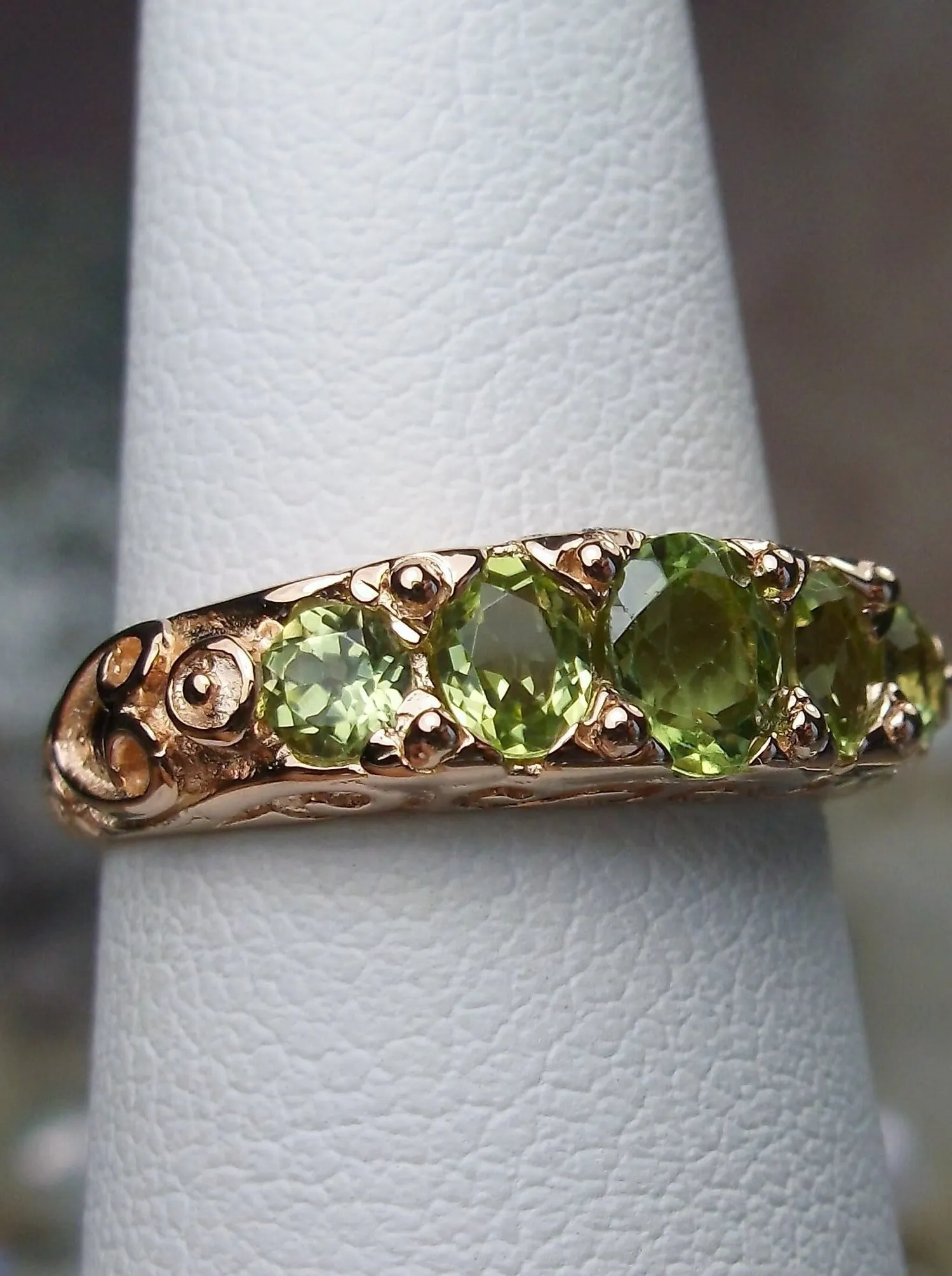 Natural Peridot Ring, Rose Gold, 5-Stone Georgian Victorian Jewelry #D19