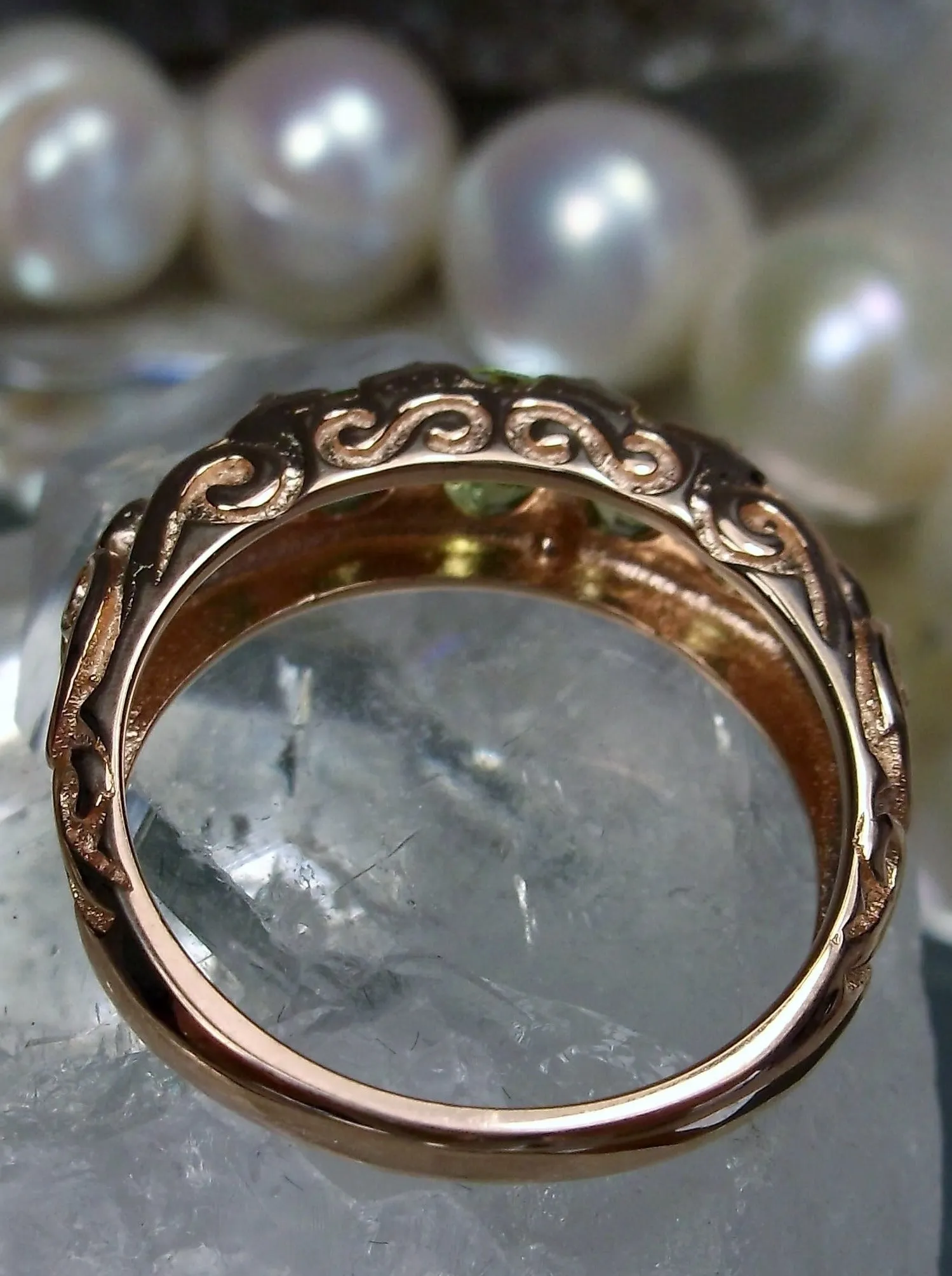 Natural Peridot Ring, Rose Gold, 5-Stone Georgian Victorian Jewelry #D19