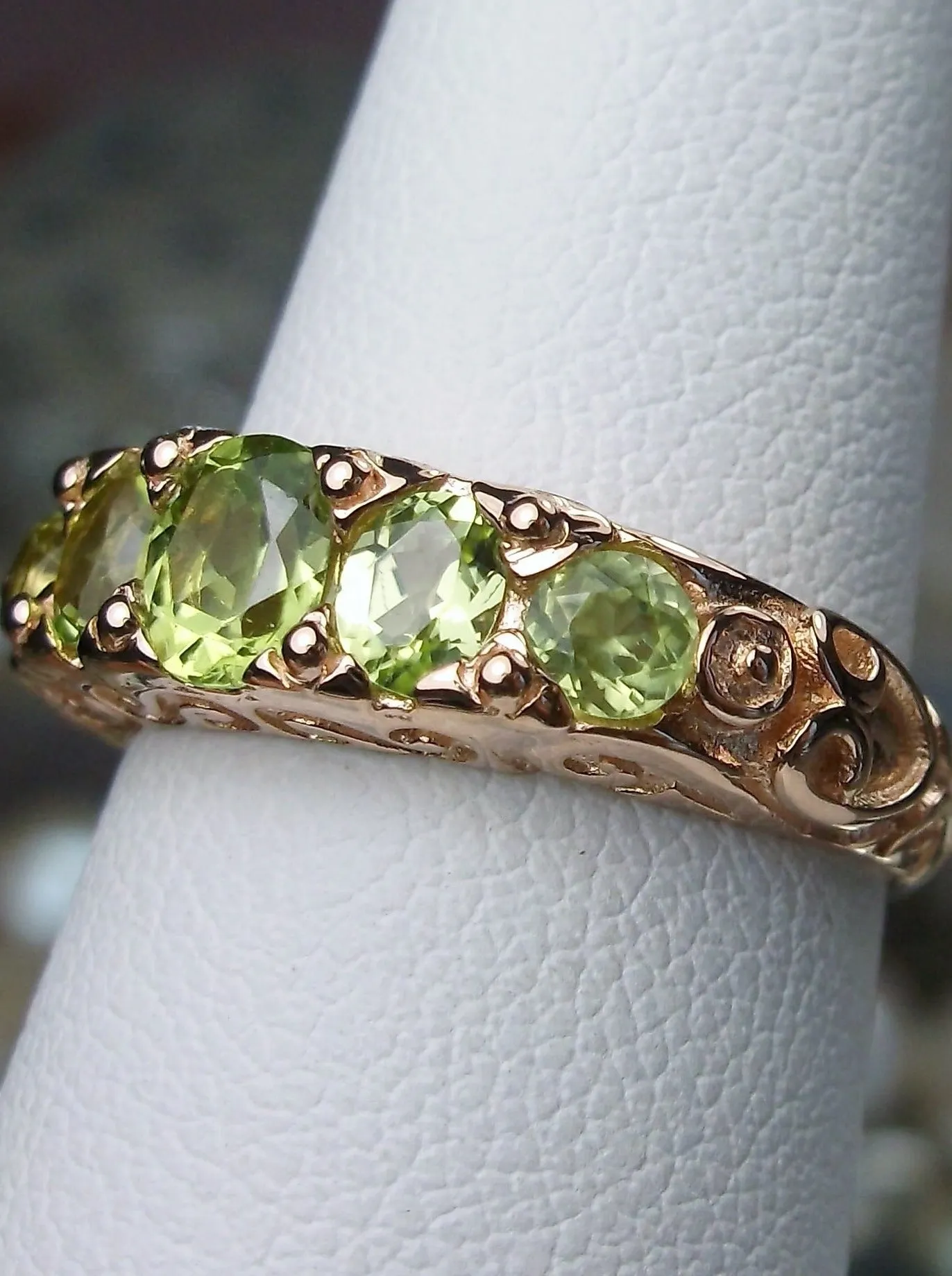 Natural Peridot Ring, Rose Gold, 5-Stone Georgian Victorian Jewelry #D19