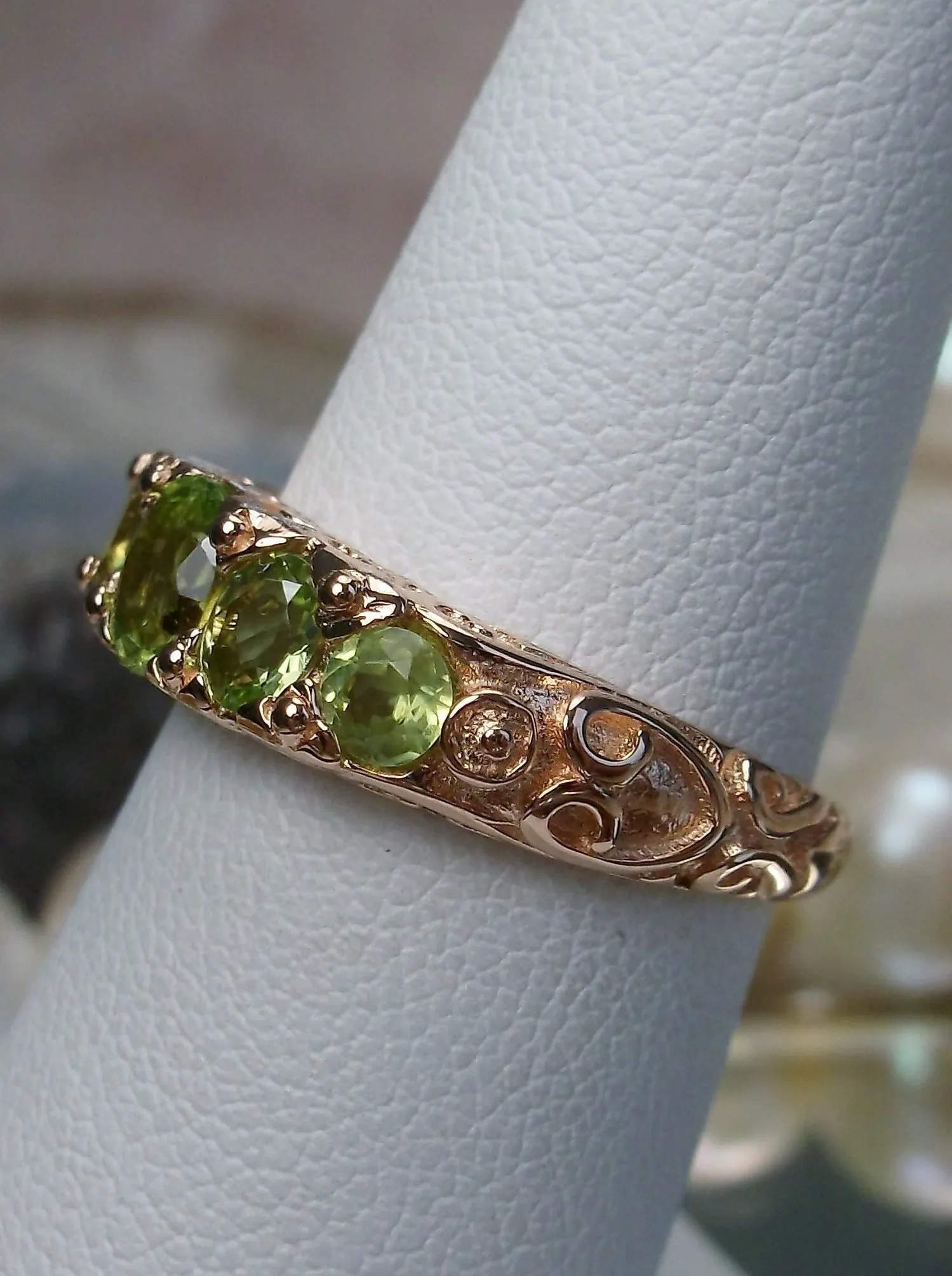 Natural Peridot Ring, Rose Gold, 5-Stone Georgian Victorian Jewelry #D19
