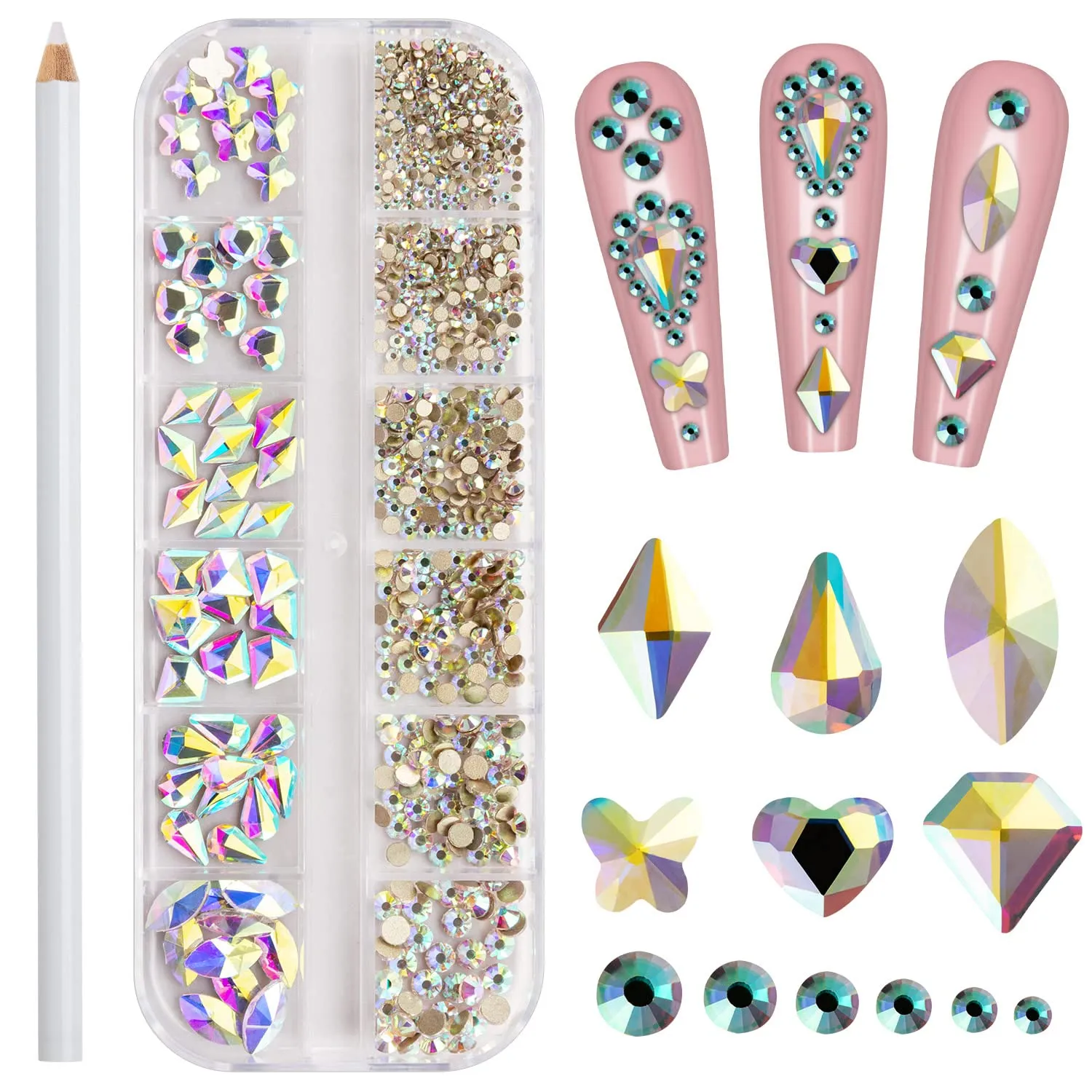 Noverlife 660PCS Nail Art Rhinestones Nail Gemstones, 3D Multi Shapes Flatback Nail Crystals Diamonds for Nail Design, Sparkle Nail Beads with Wax Pen for DIY Craft Makeup Dressup Manicure Decoration