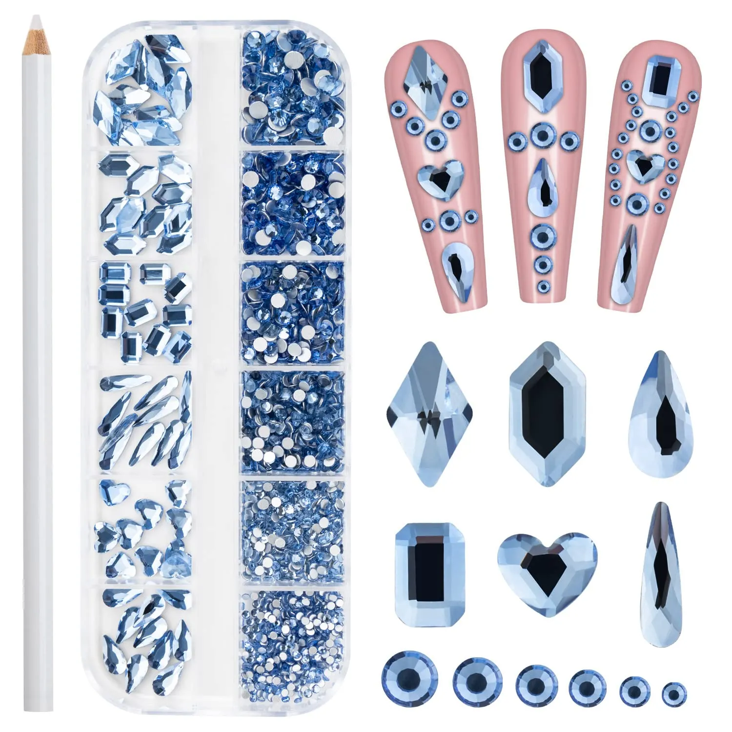 Noverlife 660PCS Nail Art Rhinestones Nail Gemstones, 3D Multi Shapes Flatback Nail Crystals Diamonds for Nail Design, Sparkle Nail Beads with Wax Pen for DIY Craft Makeup Dressup Manicure Decoration