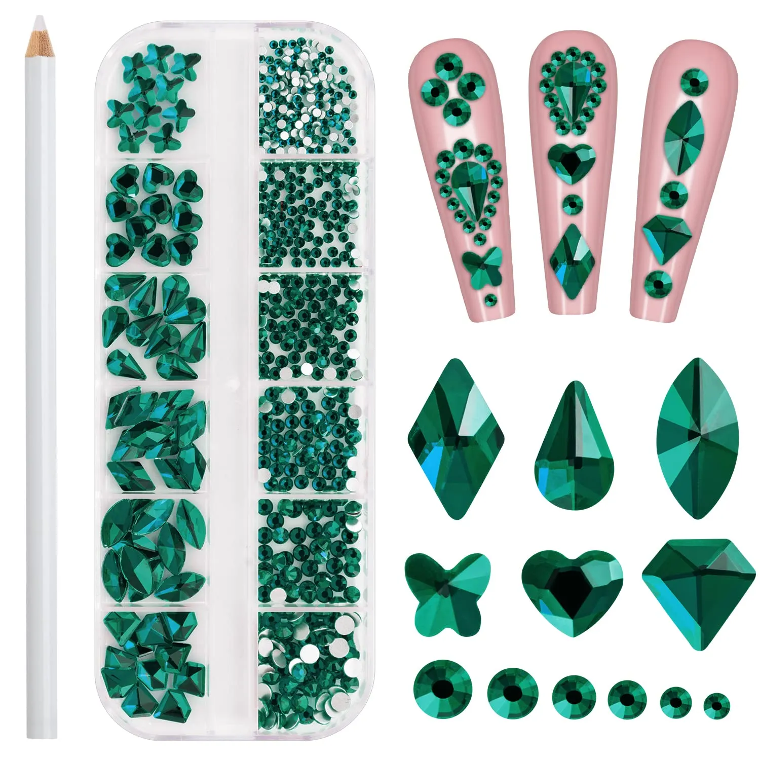 Noverlife 660PCS Nail Art Rhinestones Nail Gemstones, 3D Multi Shapes Flatback Nail Crystals Diamonds for Nail Design, Sparkle Nail Beads with Wax Pen for DIY Craft Makeup Dressup Manicure Decoration