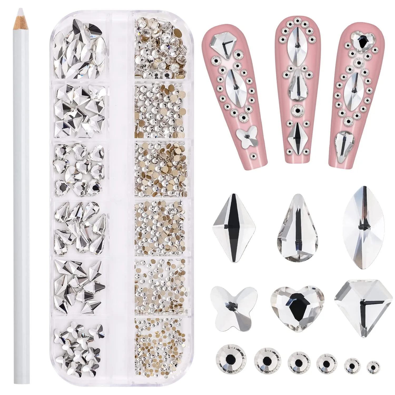 Noverlife 660PCS Nail Art Rhinestones Nail Gemstones, 3D Multi Shapes Flatback Nail Crystals Diamonds for Nail Design, Sparkle Nail Beads with Wax Pen for DIY Craft Makeup Dressup Manicure Decoration